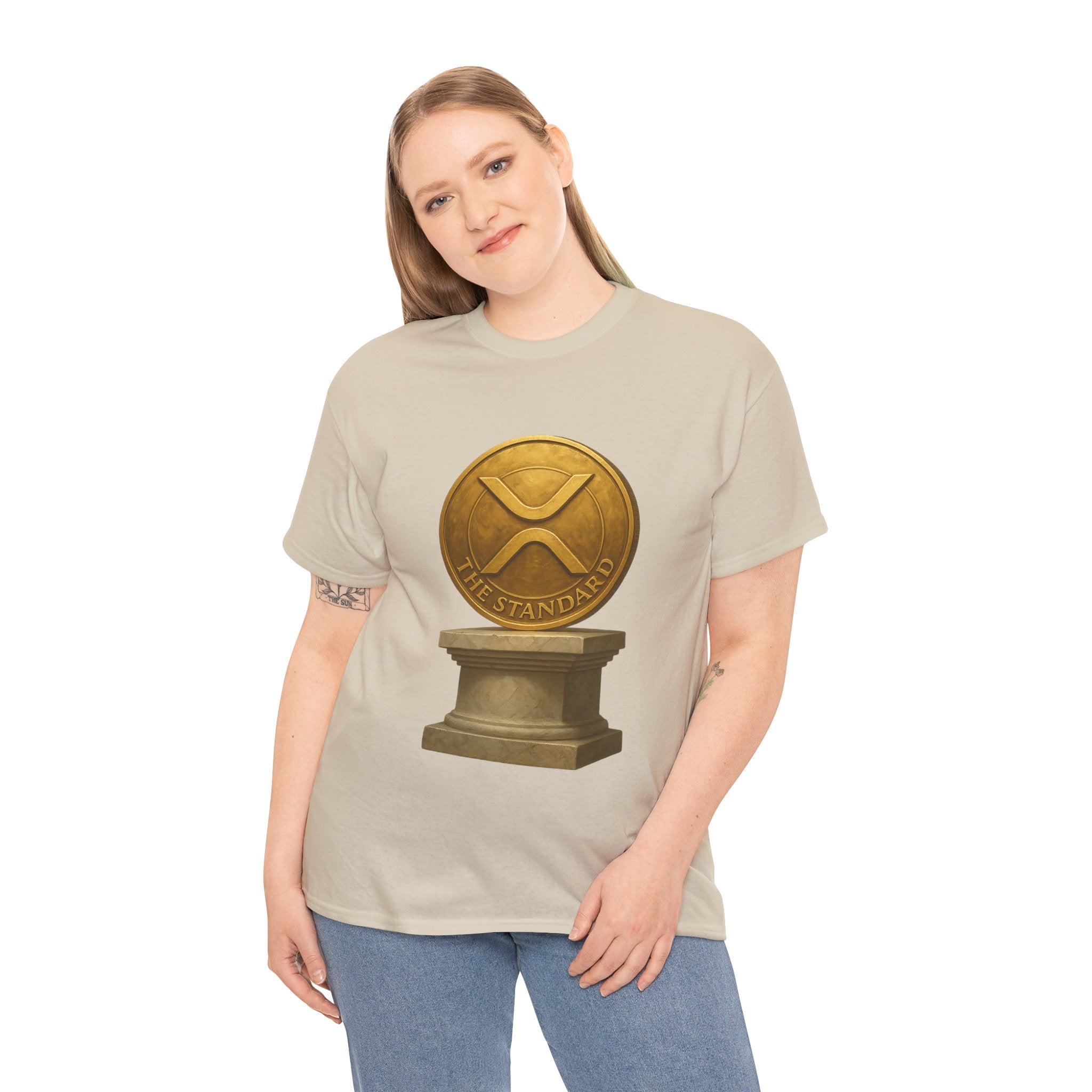 XRP Ledger Trophy T‑Shirt – Gold Ripple Coin on Pedestal Crypto Tee