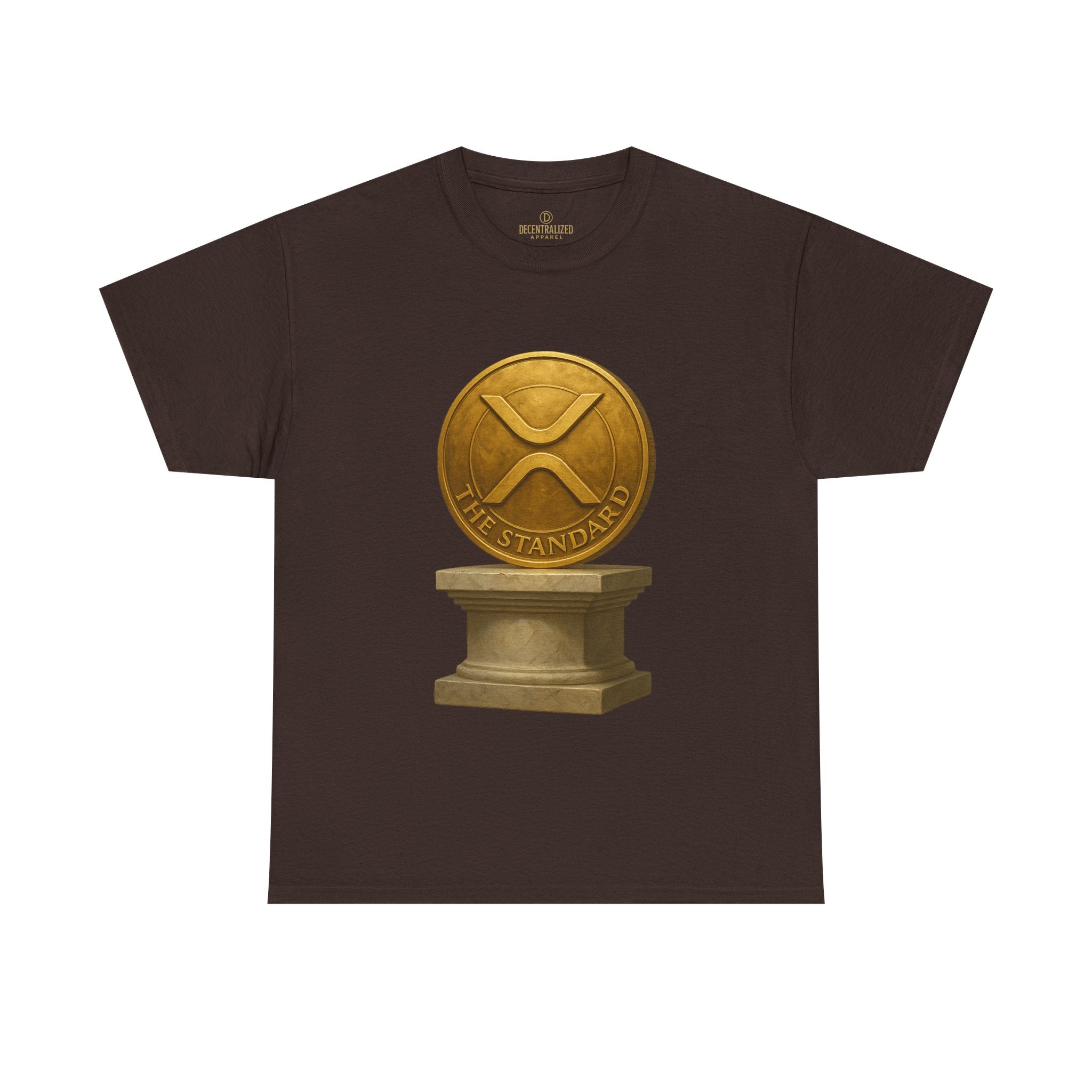 XRP Ledger Trophy T‑Shirt – Gold Ripple Coin on Pedestal Crypto Tee