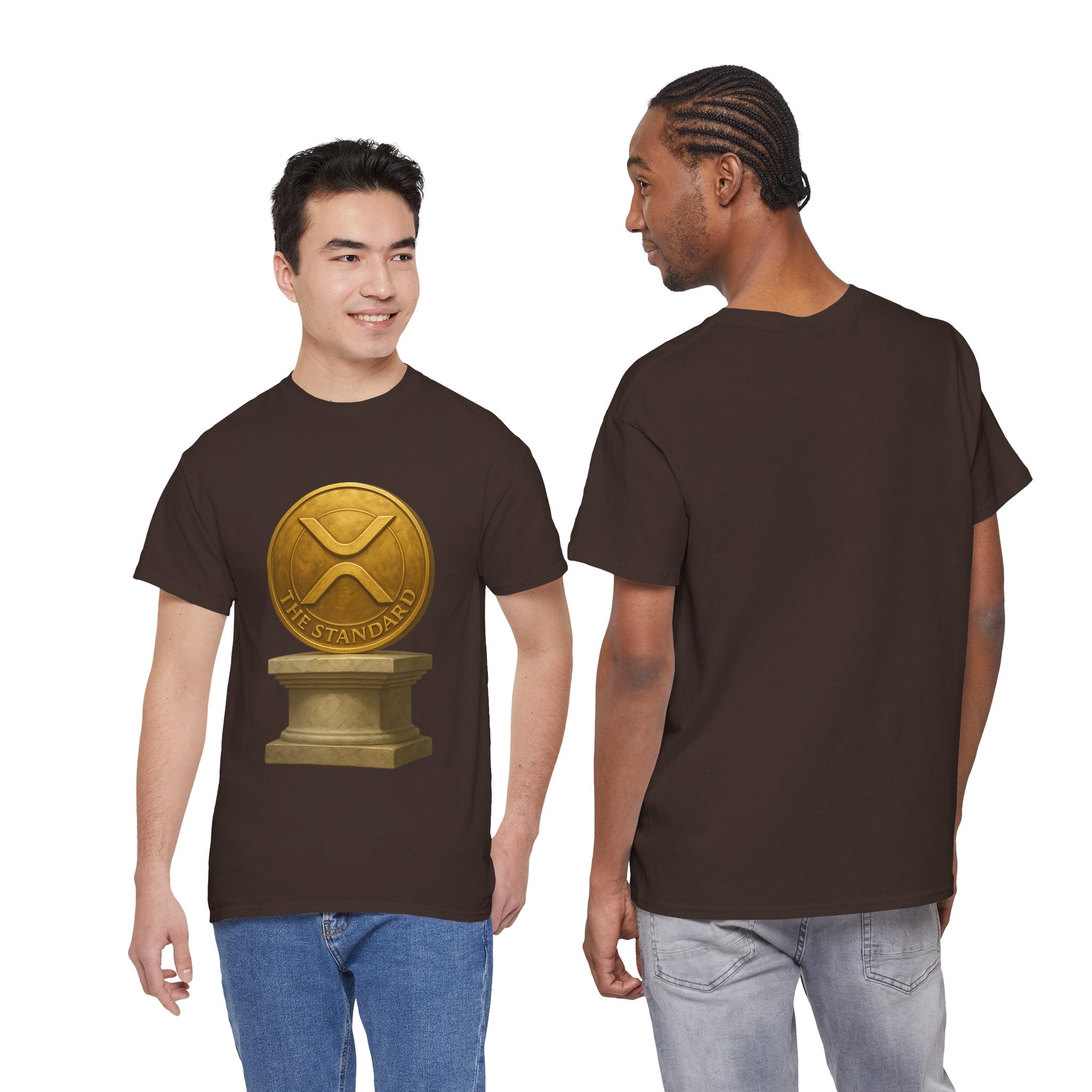 XRP Ledger Trophy T‑Shirt – Gold Ripple Coin on Pedestal Crypto Tee