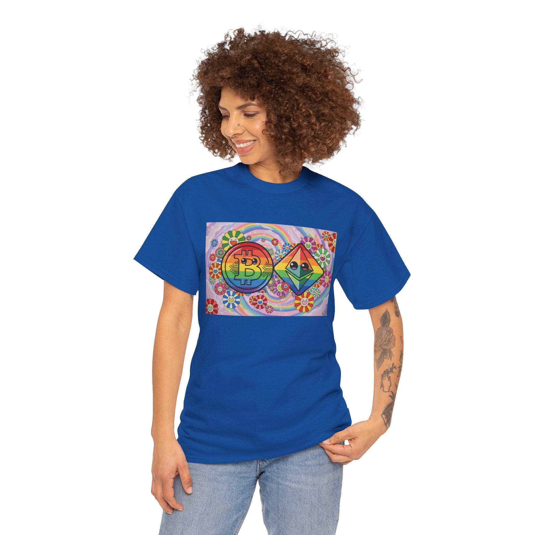 Crypto Rainbow T-Shirt — Bitcoin & Ethereum Hippie Art Tee