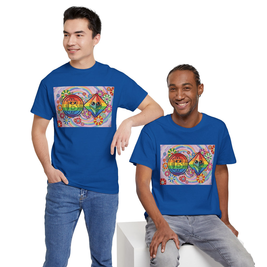 Crypto Rainbow T-Shirt — Bitcoin & Ethereum Hippie Art Tee