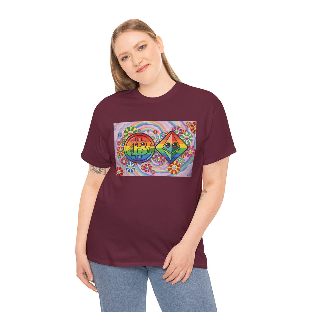 Crypto Rainbow T-Shirt — Bitcoin & Ethereum Hippie Art Tee