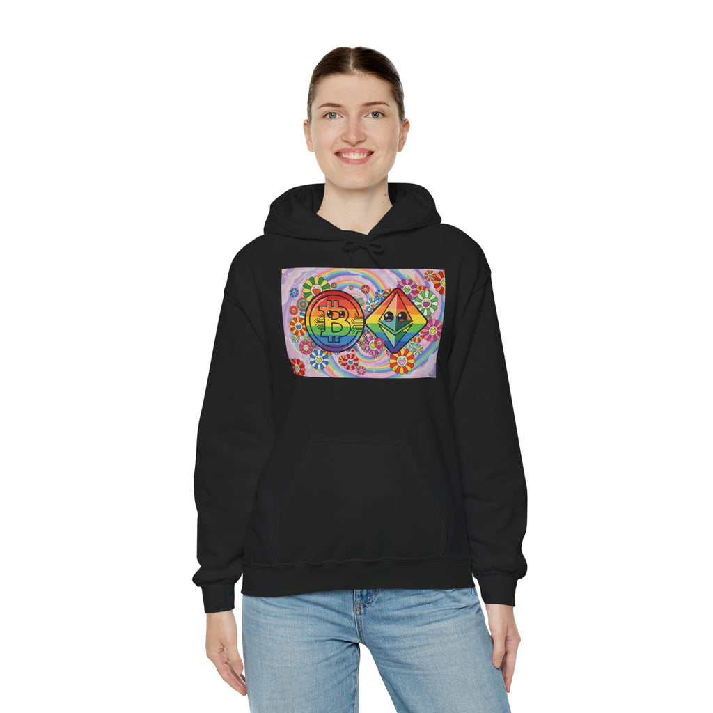 Crypto Flower Power Hoodie — Bitcoin & Ethereum Psychedelic Design