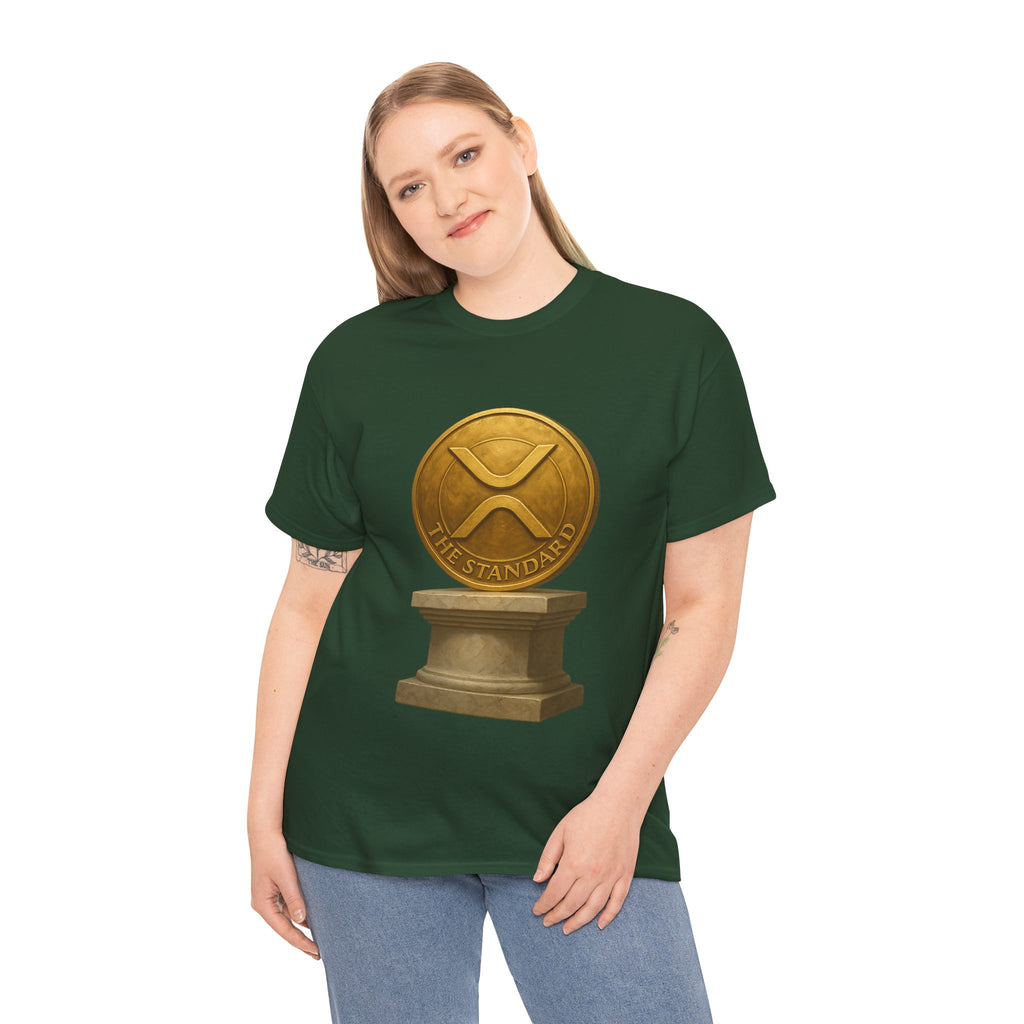 XRP Ledger Trophy T‑Shirt – Gold Ripple Coin on Pedestal Crypto Tee