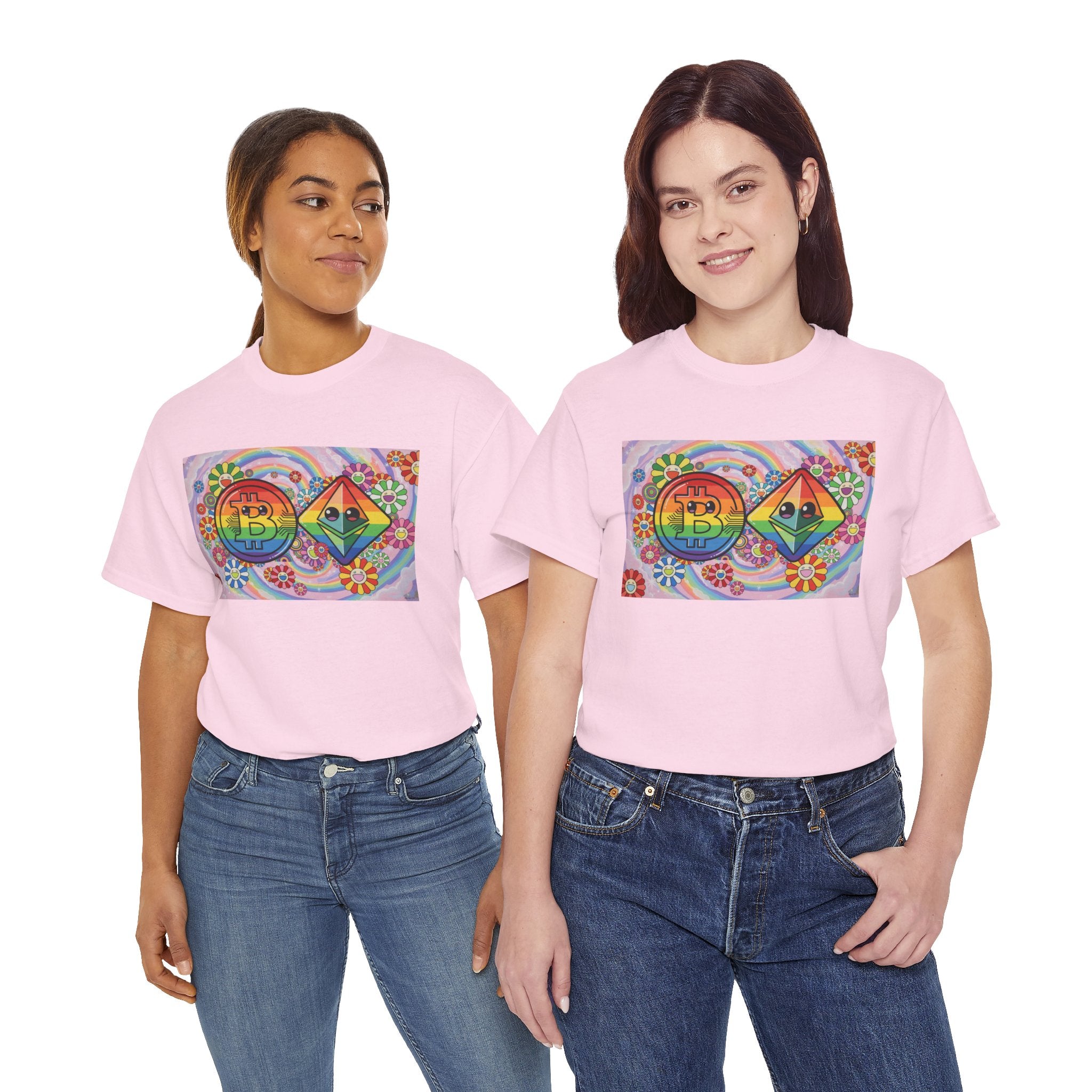 Crypto Rainbow T-Shirt — Bitcoin & Ethereum Hippie Art Tee