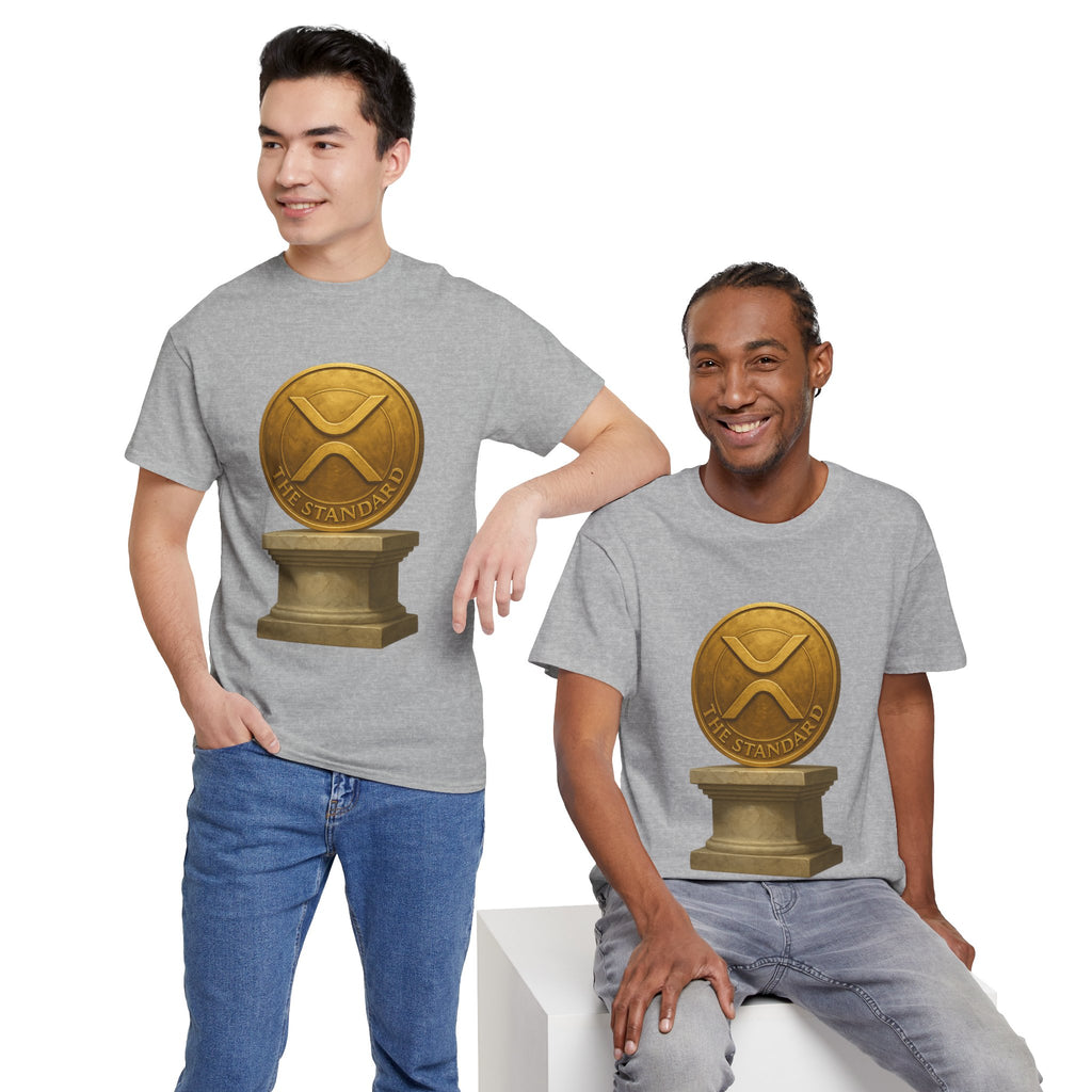 XRP Ledger Trophy T‑Shirt – Gold Ripple Coin on Pedestal Crypto Tee