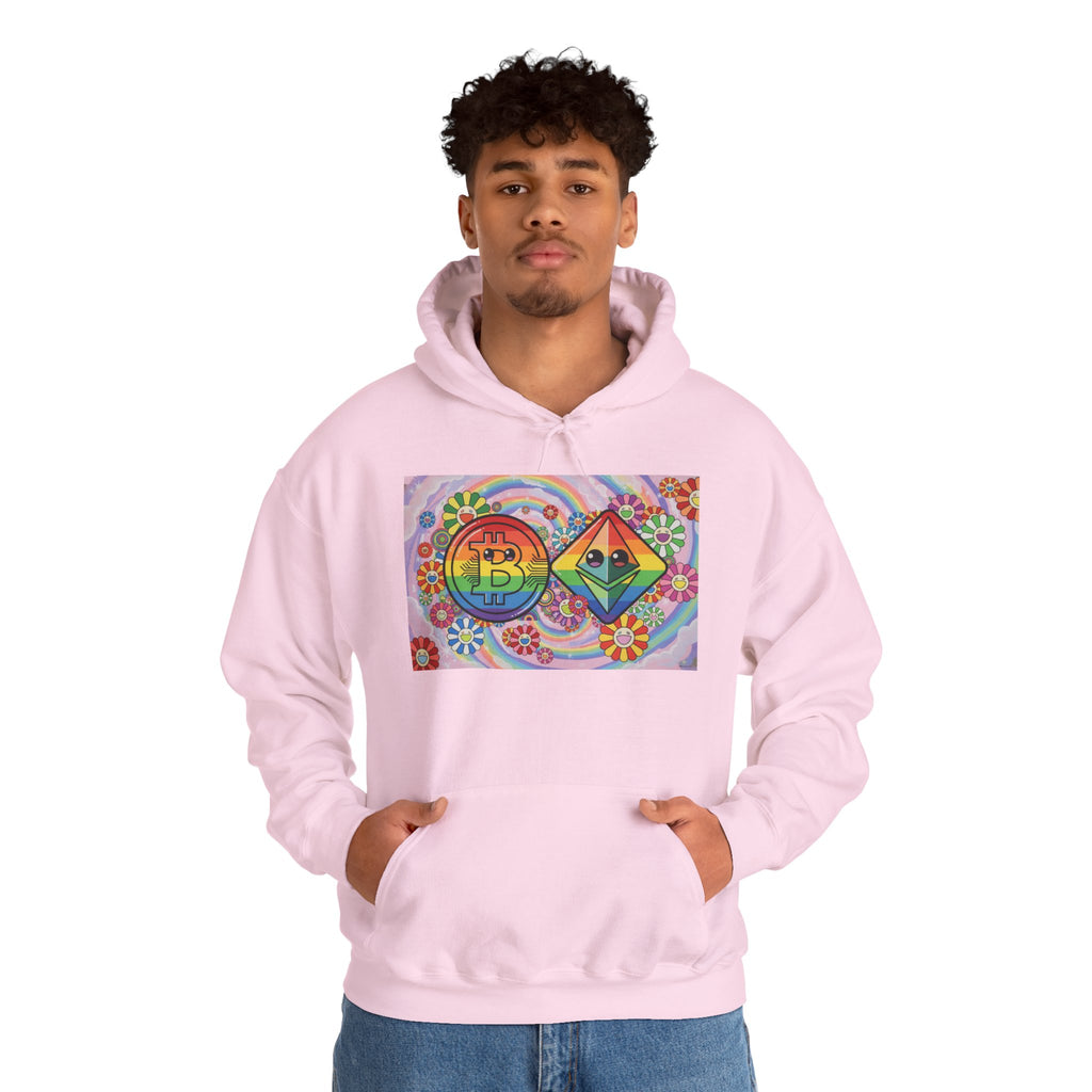 Crypto Flower Power Hoodie — Bitcoin & Ethereum Psychedelic Design