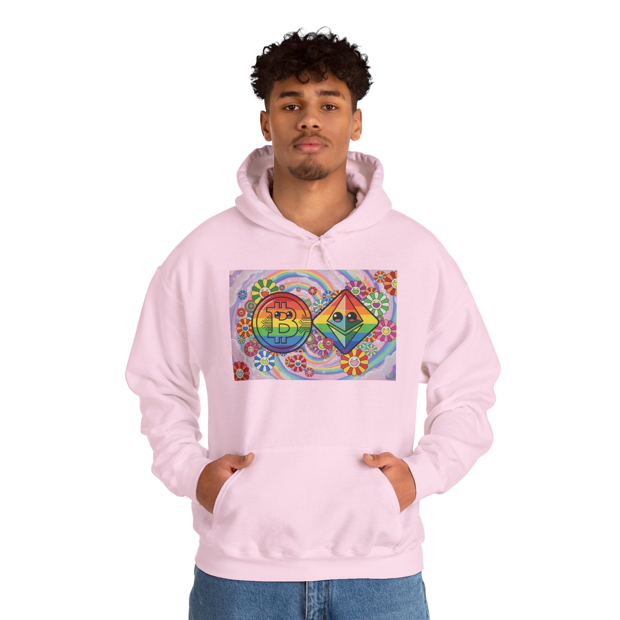 Crypto Flower Power Hoodie — Bitcoin & Ethereum Psychedelic Design