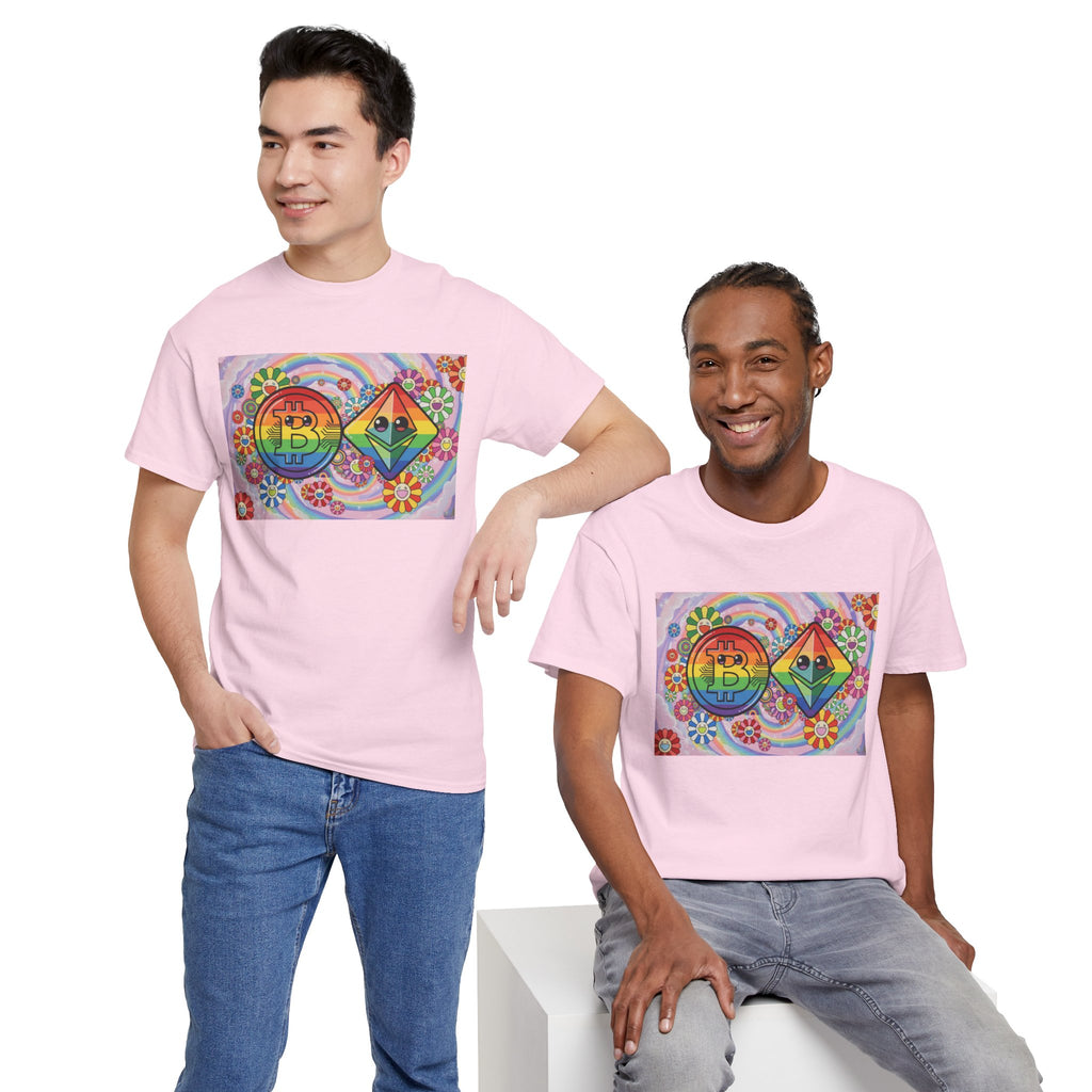 Crypto Rainbow T-Shirt — Bitcoin & Ethereum Hippie Art Tee