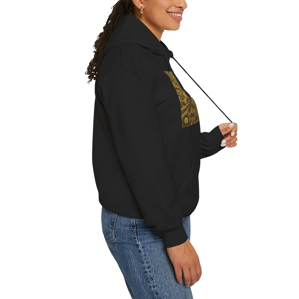 Solar Mandala Hoodie — Golden Sunburst Graphic Pullover