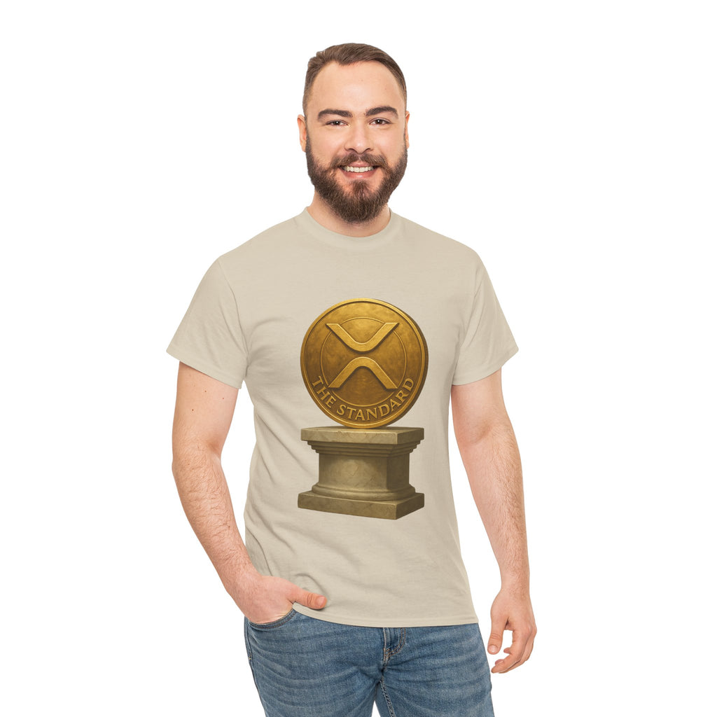 XRP Ledger Trophy T‑Shirt – Gold Ripple Coin on Pedestal Crypto Tee