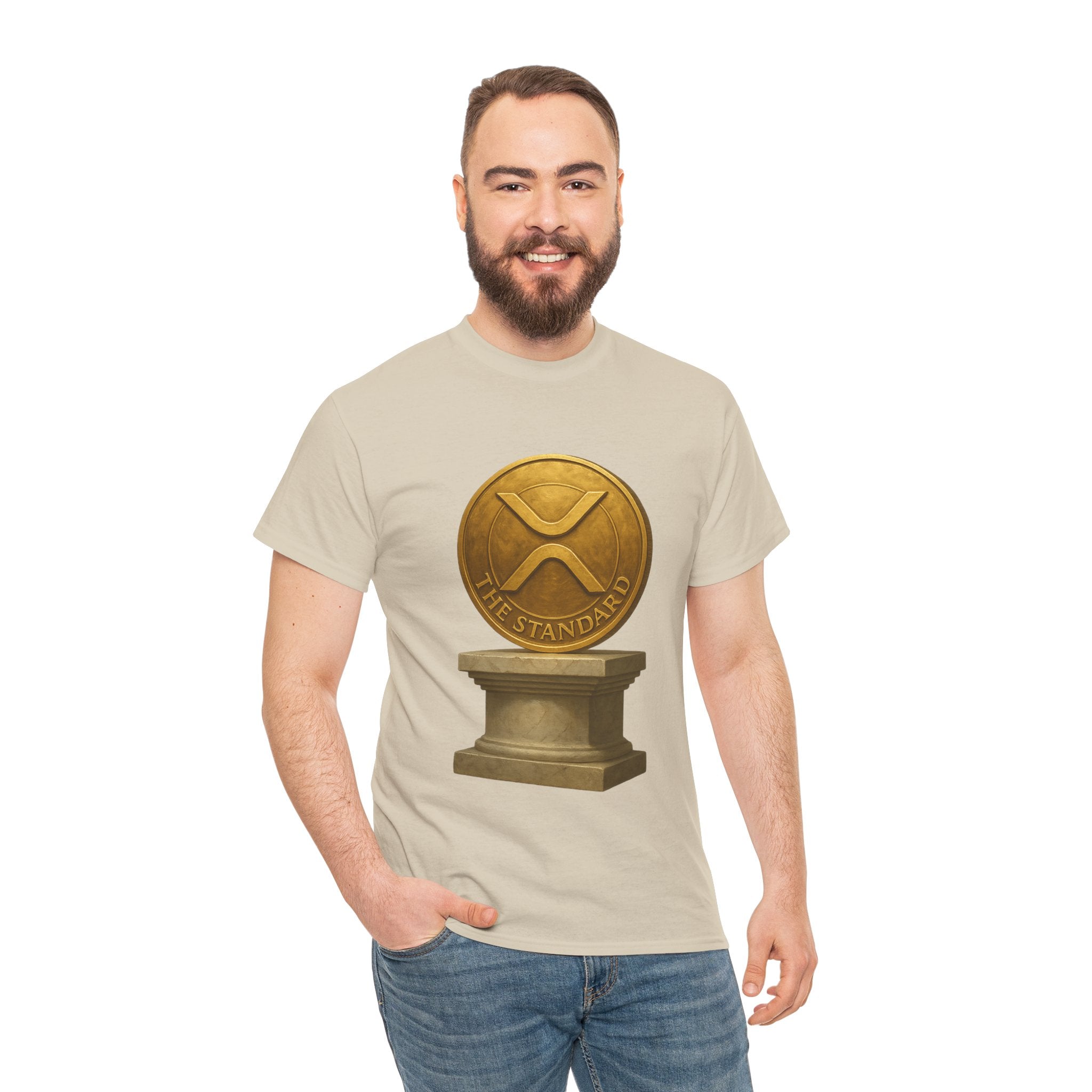 XRP Ledger Trophy T‑Shirt – Gold Ripple Coin on Pedestal Crypto Tee