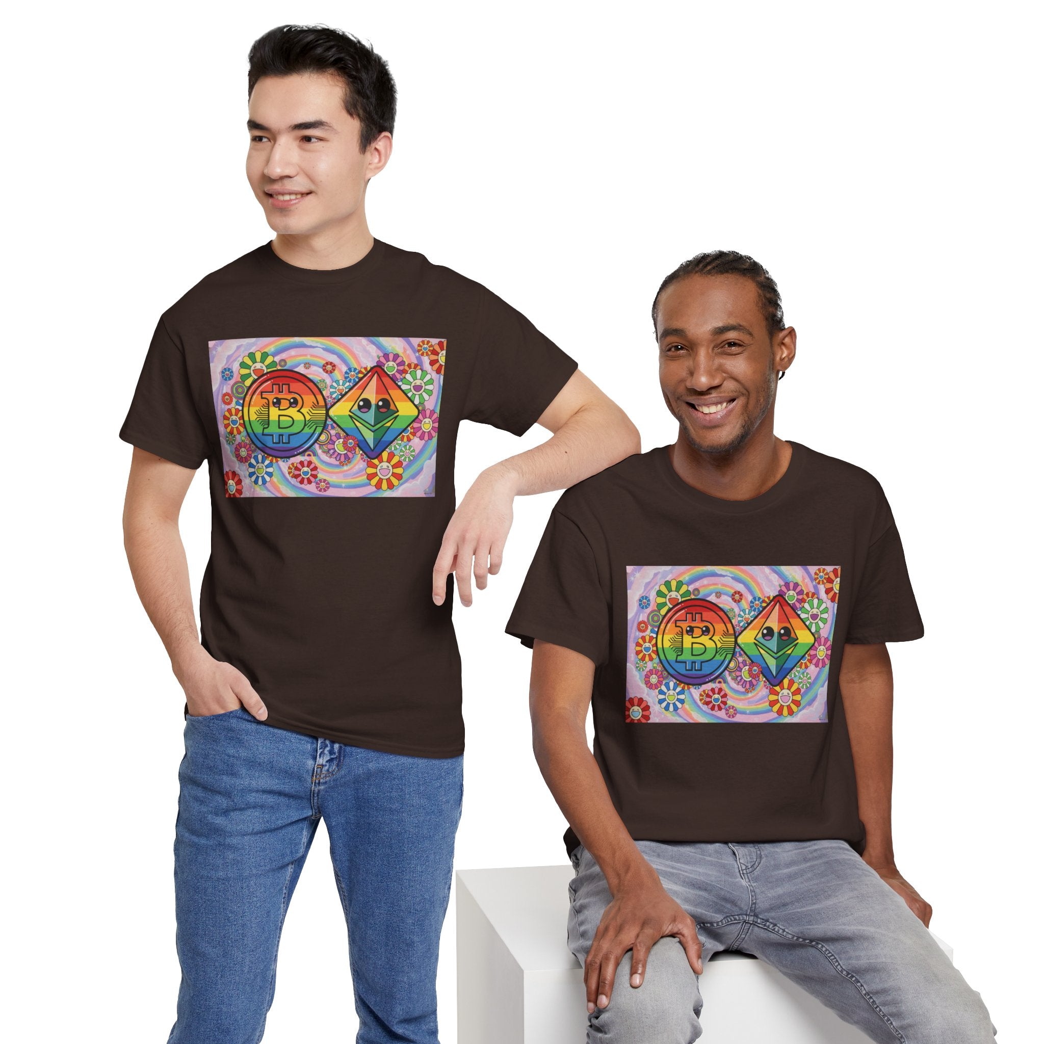 Crypto Rainbow T-Shirt — Bitcoin & Ethereum Hippie Art Tee