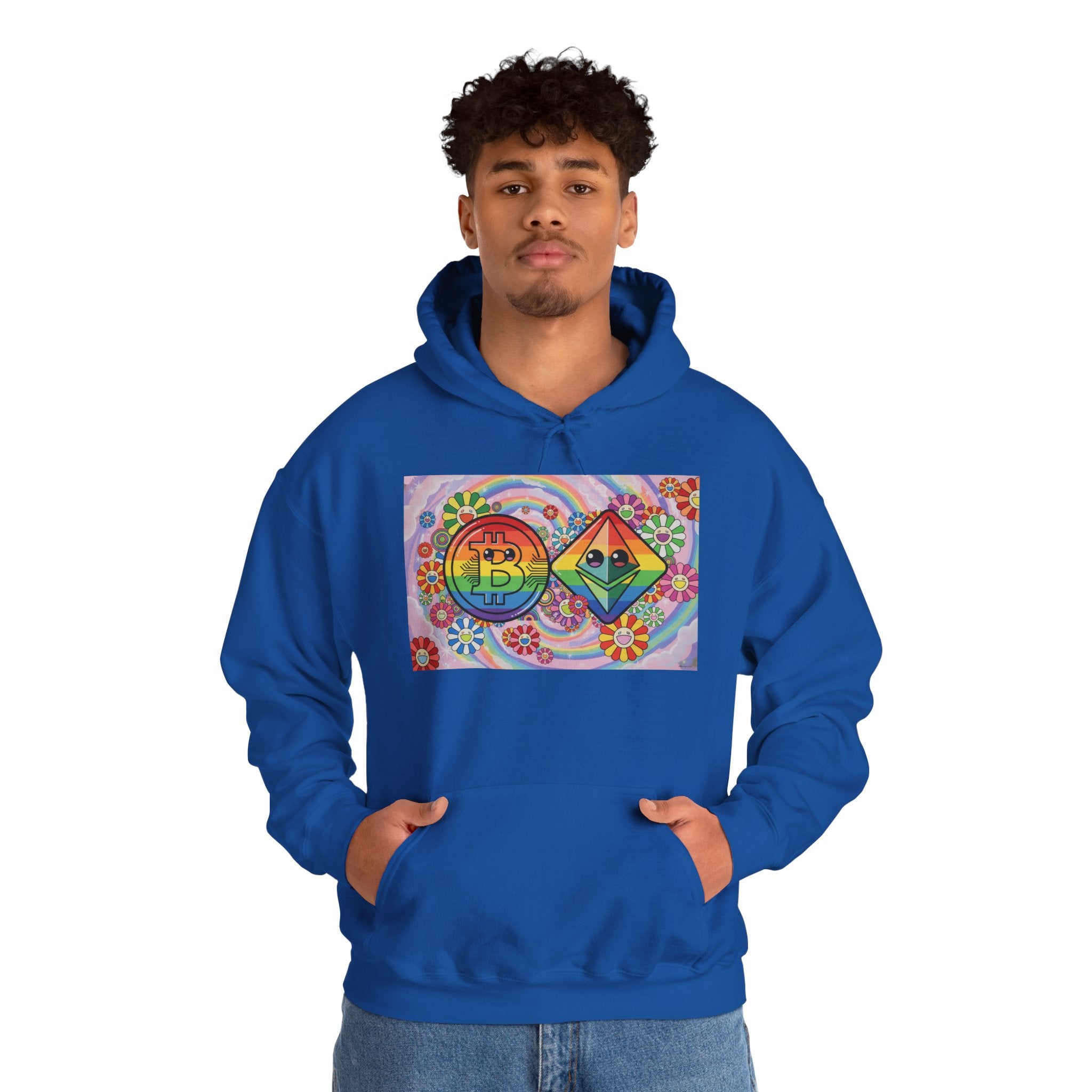 Crypto Flower Power Hoodie — Bitcoin & Ethereum Psychedelic Design