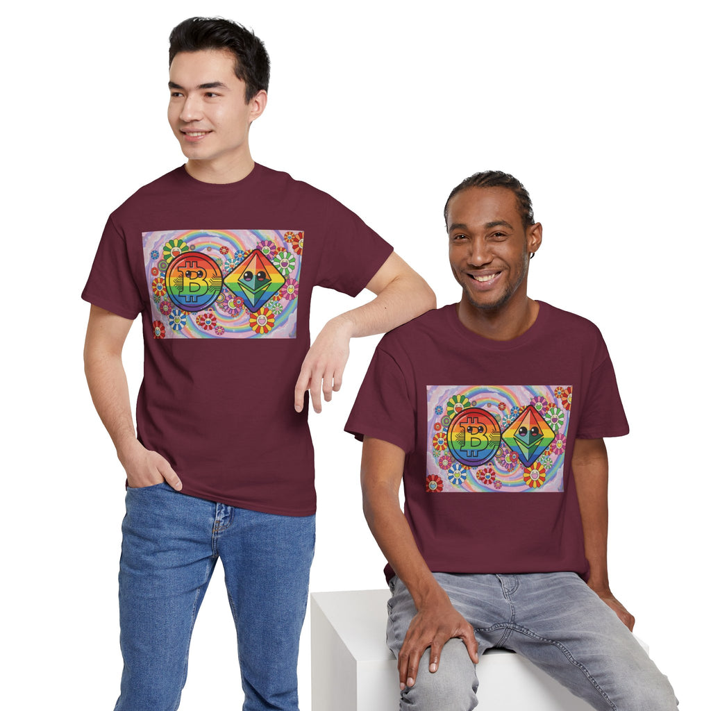 Crypto Rainbow T-Shirt — Bitcoin & Ethereum Hippie Art Tee