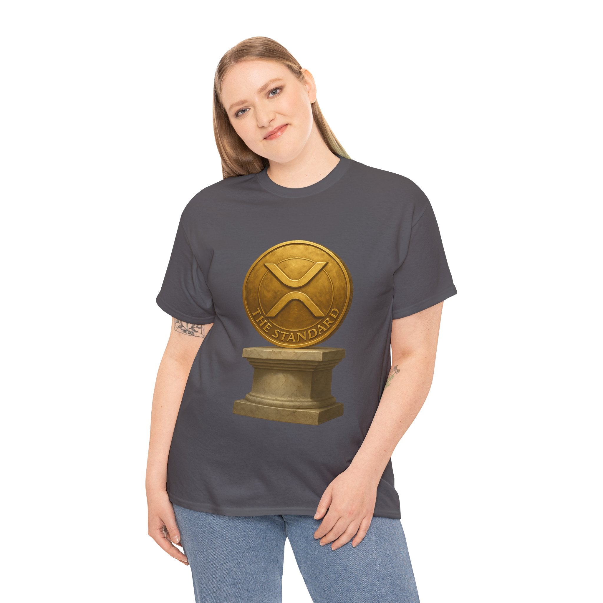 XRP Ledger Trophy T‑Shirt – Gold Ripple Coin on Pedestal Crypto Tee