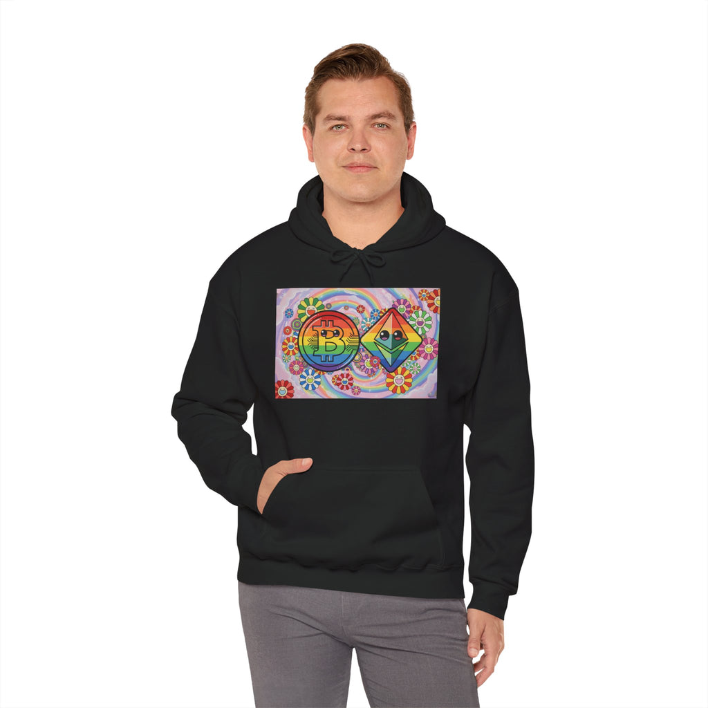 Crypto Flower Power Hoodie — Bitcoin & Ethereum Psychedelic Design