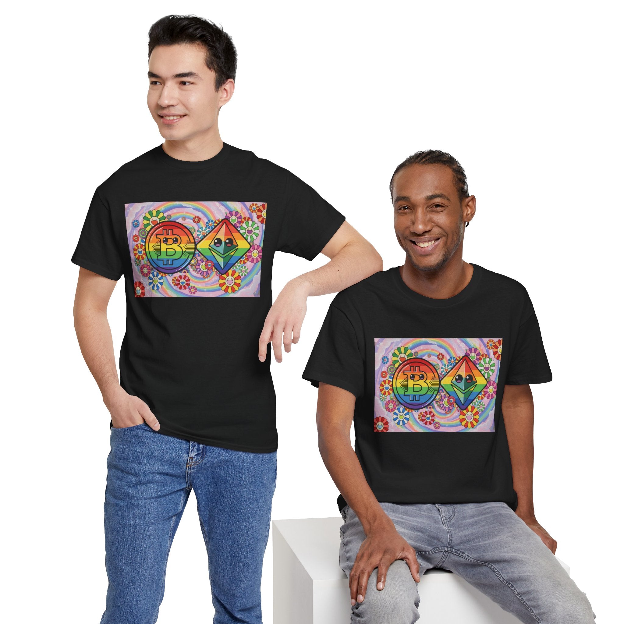 Crypto Rainbow T-Shirt — Bitcoin & Ethereum Hippie Art Tee