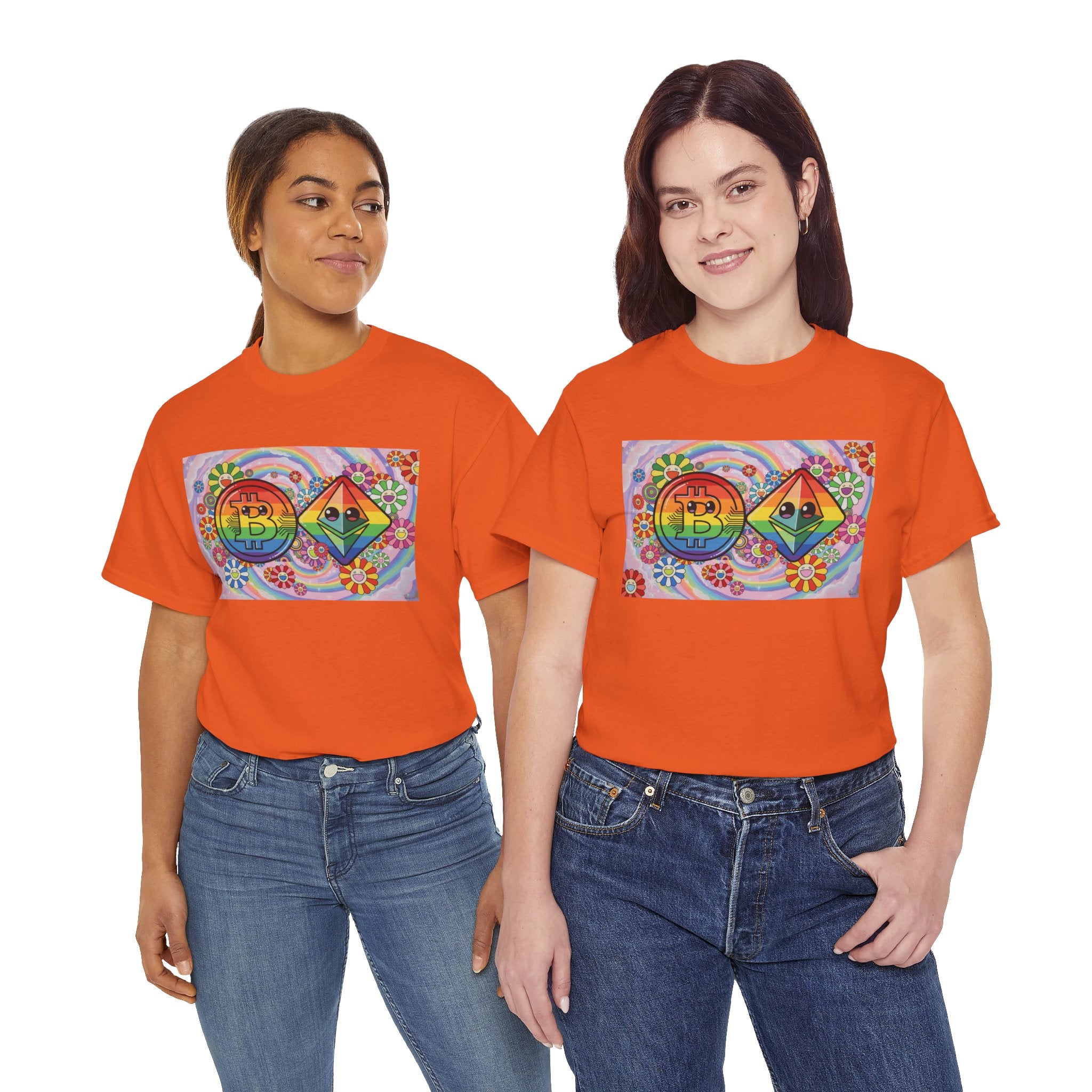 Crypto Rainbow T-Shirt — Bitcoin & Ethereum Hippie Art Tee