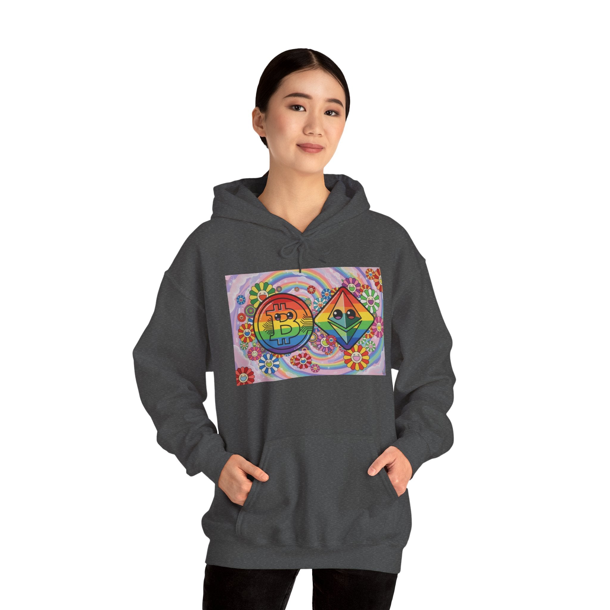 Crypto Flower Power Hoodie — Bitcoin & Ethereum Psychedelic Design
