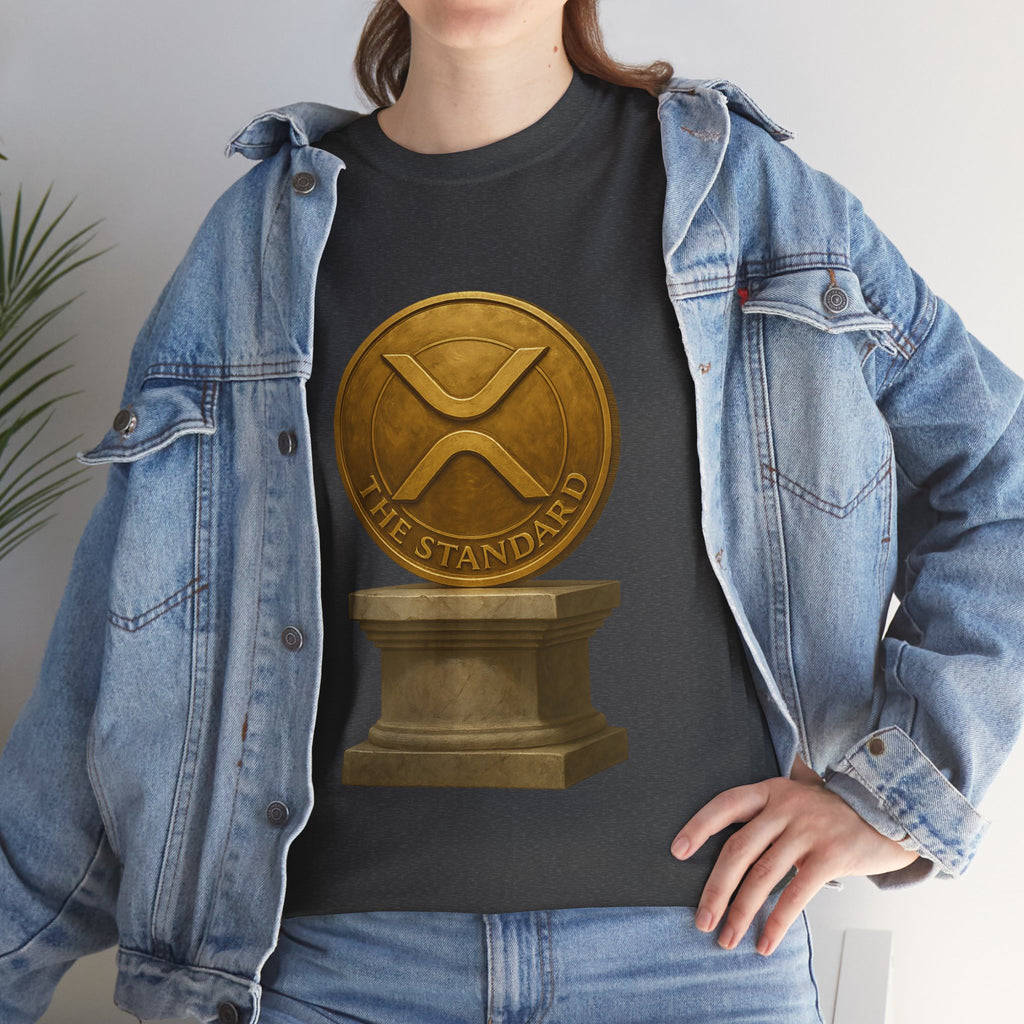 XRP Ledger Trophy T‑Shirt – Gold Ripple Coin on Pedestal Crypto Tee