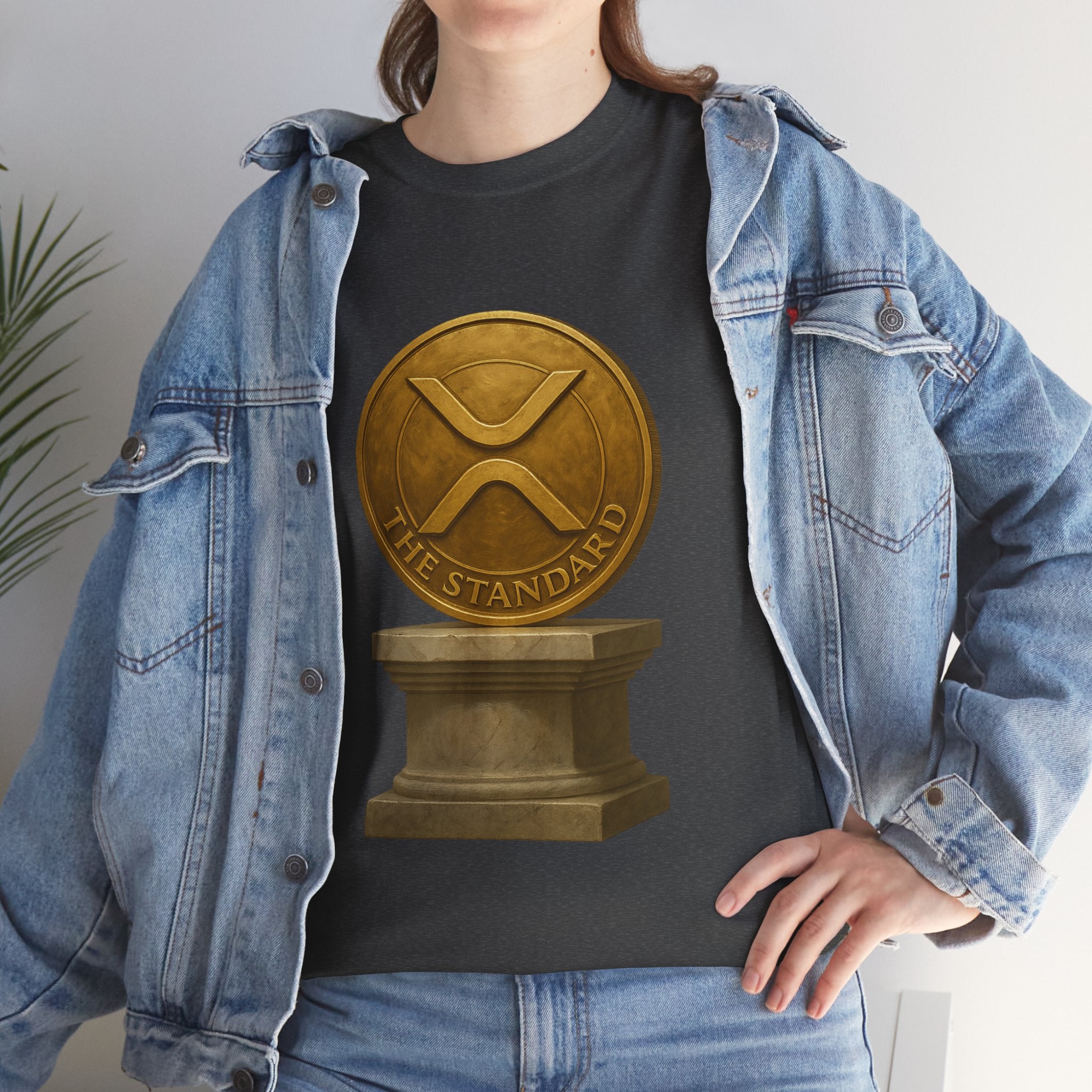 XRP Ledger Trophy T‑Shirt – Gold Ripple Coin on Pedestal Crypto Tee