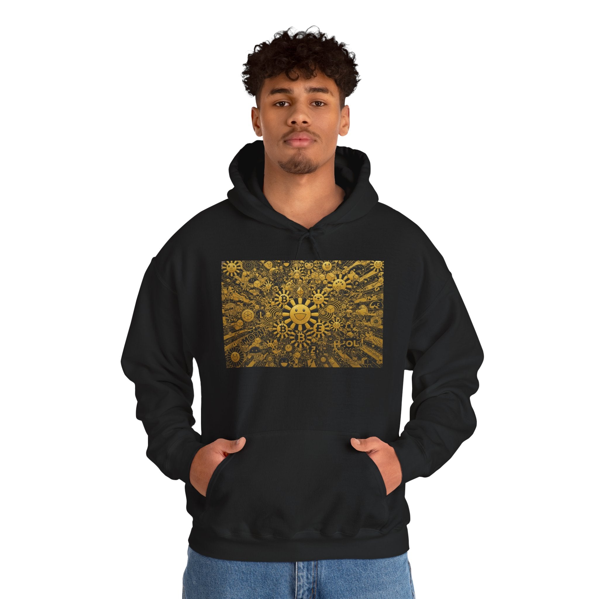 Solar Mandala Hoodie — Golden Sunburst Graphic Pullover