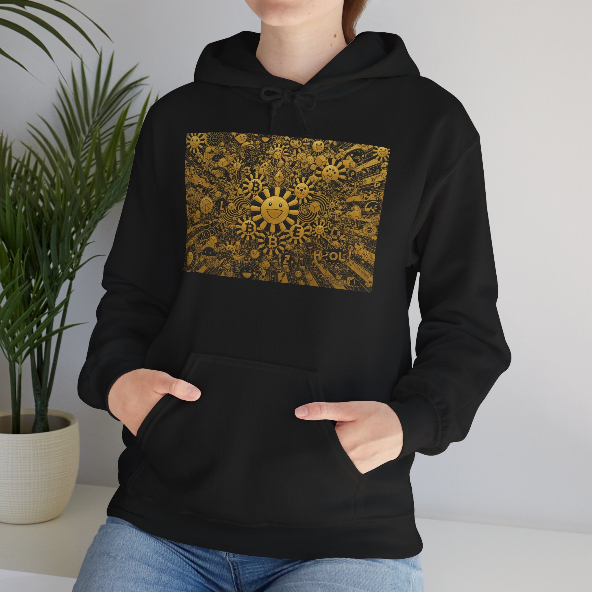 Solar Mandala Hoodie — Golden Sunburst Graphic Pullover