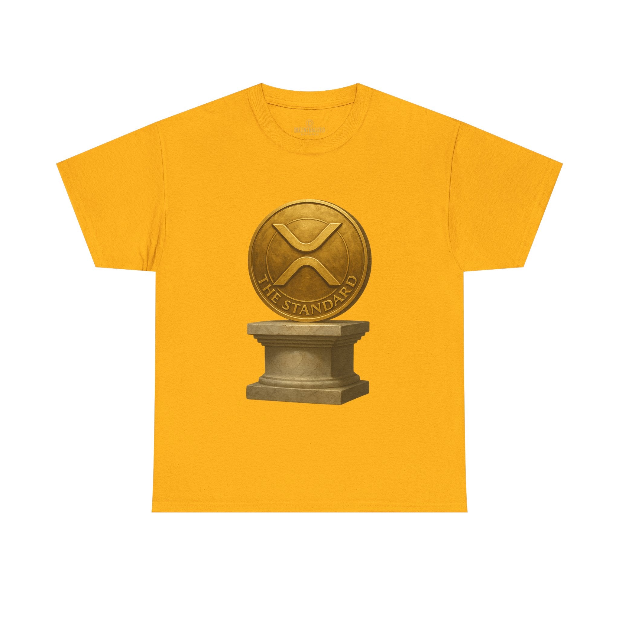 XRP Ledger Trophy T‑Shirt – Gold Ripple Coin on Pedestal Crypto Tee