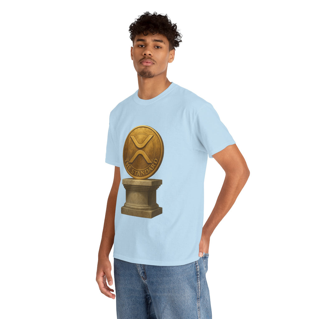 XRP Ledger Trophy T‑Shirt – Gold Ripple Coin on Pedestal Crypto Tee