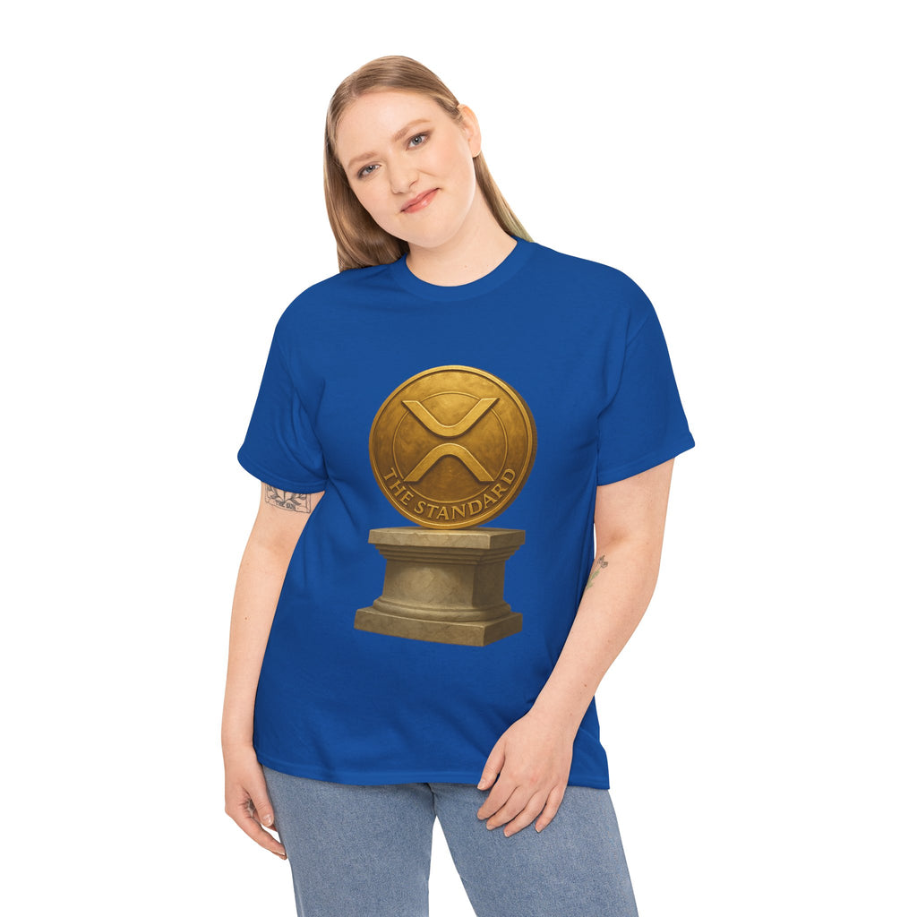 XRP Ledger Trophy T‑Shirt – Gold Ripple Coin on Pedestal Crypto Tee
