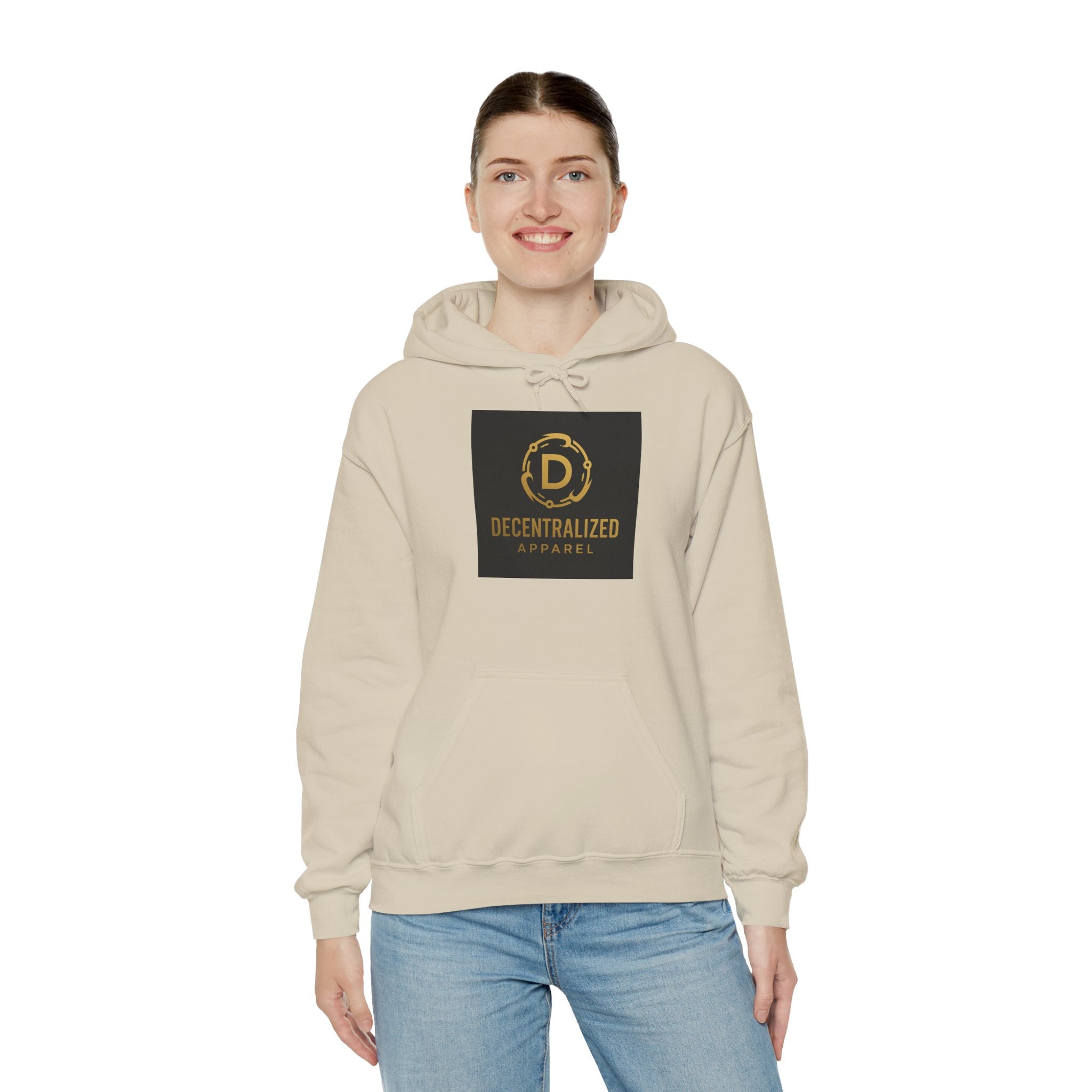 Decentralized Apparel Logo Hoodie – Gold Emblem Streetwear Sweatshirt