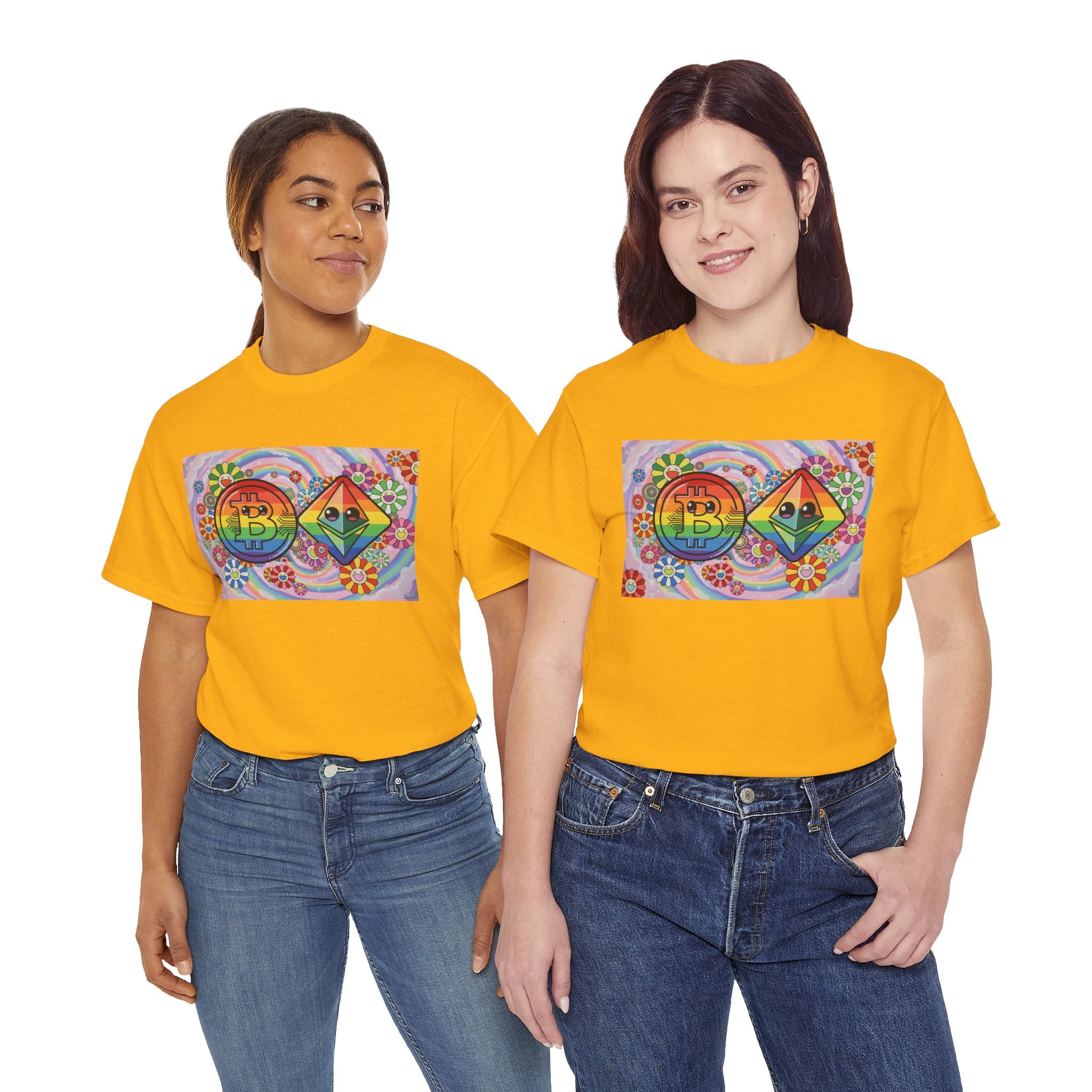 Crypto Rainbow T-Shirt — Bitcoin & Ethereum Hippie Art Tee