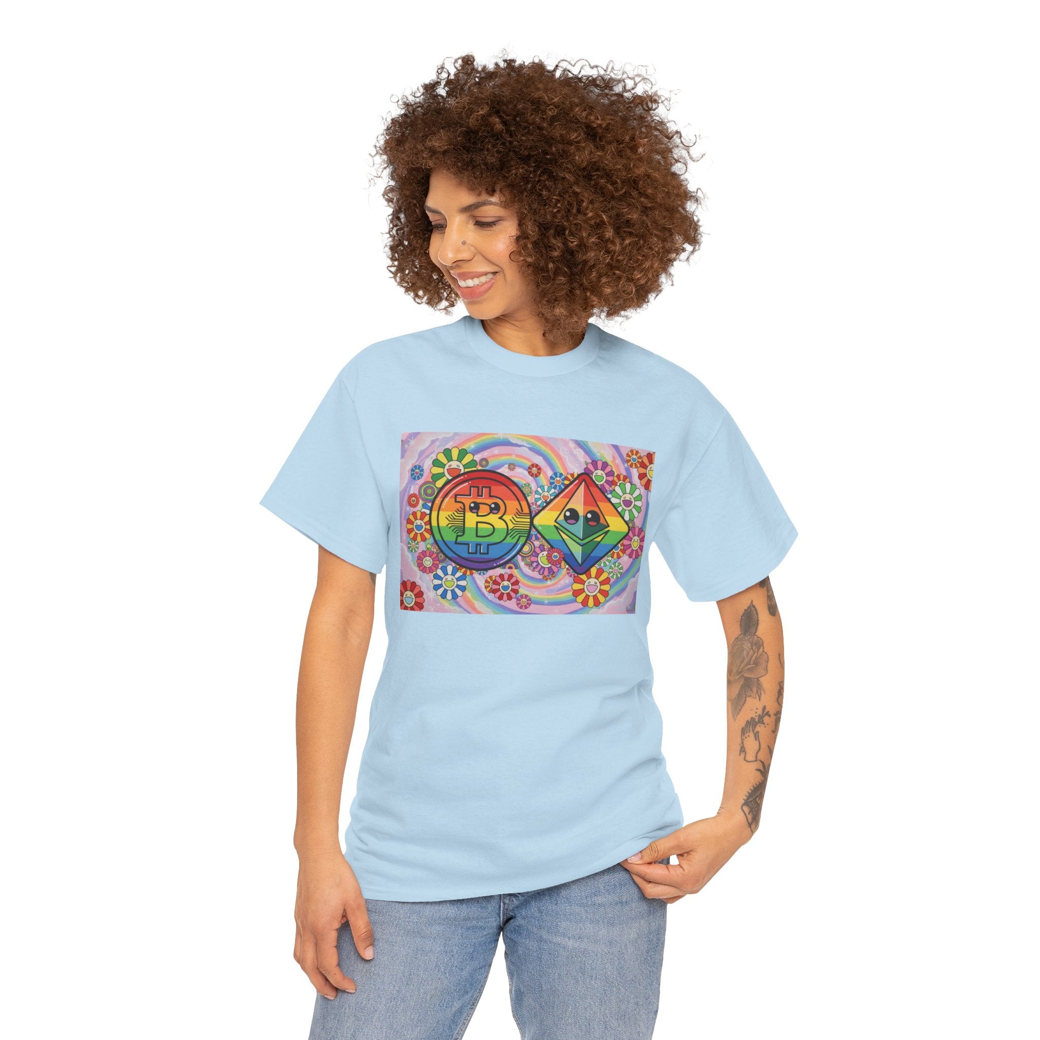 Crypto Rainbow T-Shirt — Bitcoin & Ethereum Hippie Art Tee