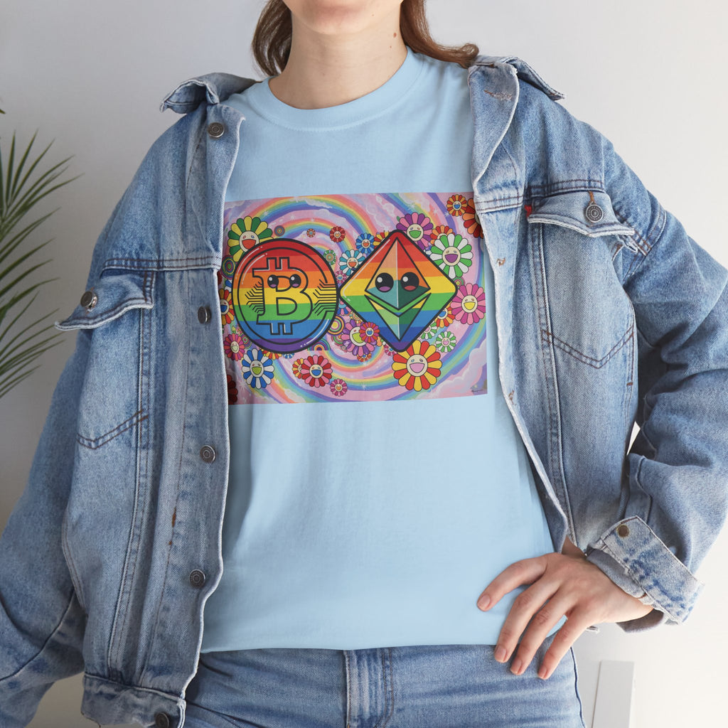 Crypto Rainbow T-Shirt — Bitcoin & Ethereum Hippie Art Tee