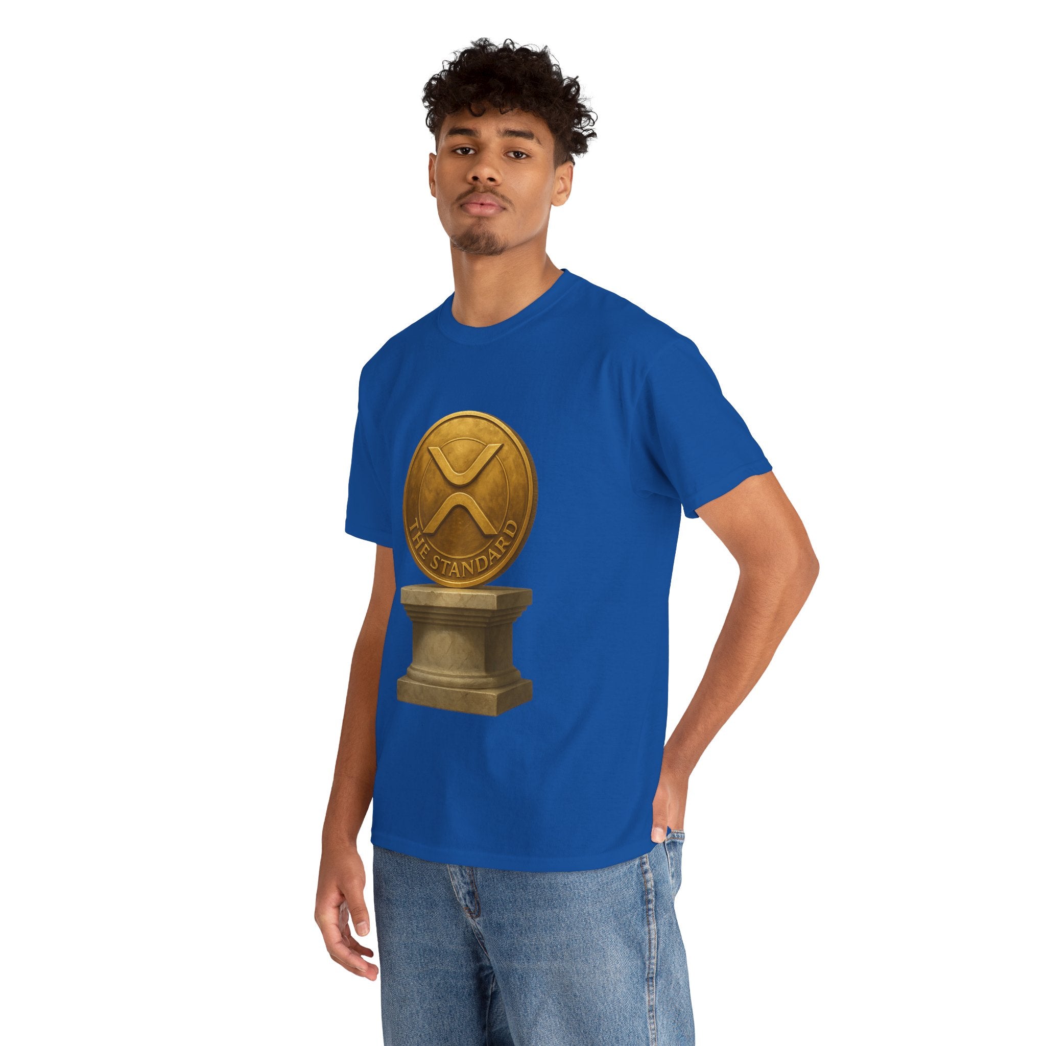XRP Ledger Trophy T‑Shirt – Gold Ripple Coin on Pedestal Crypto Tee