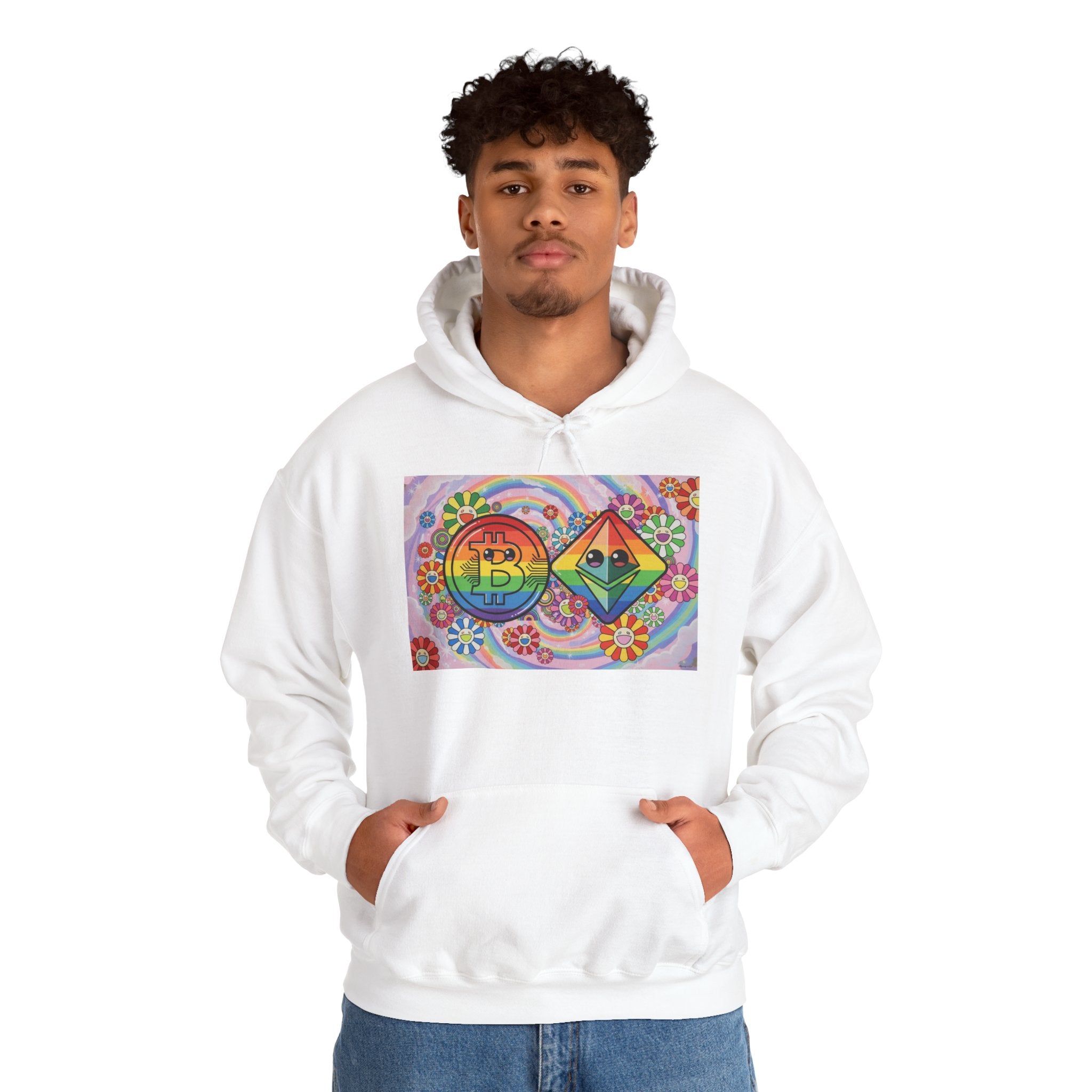 Crypto Flower Power Hoodie — Bitcoin & Ethereum Psychedelic Design