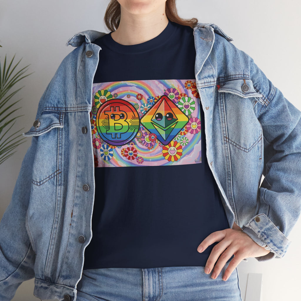 Crypto Rainbow T-Shirt — Bitcoin & Ethereum Hippie Art Tee