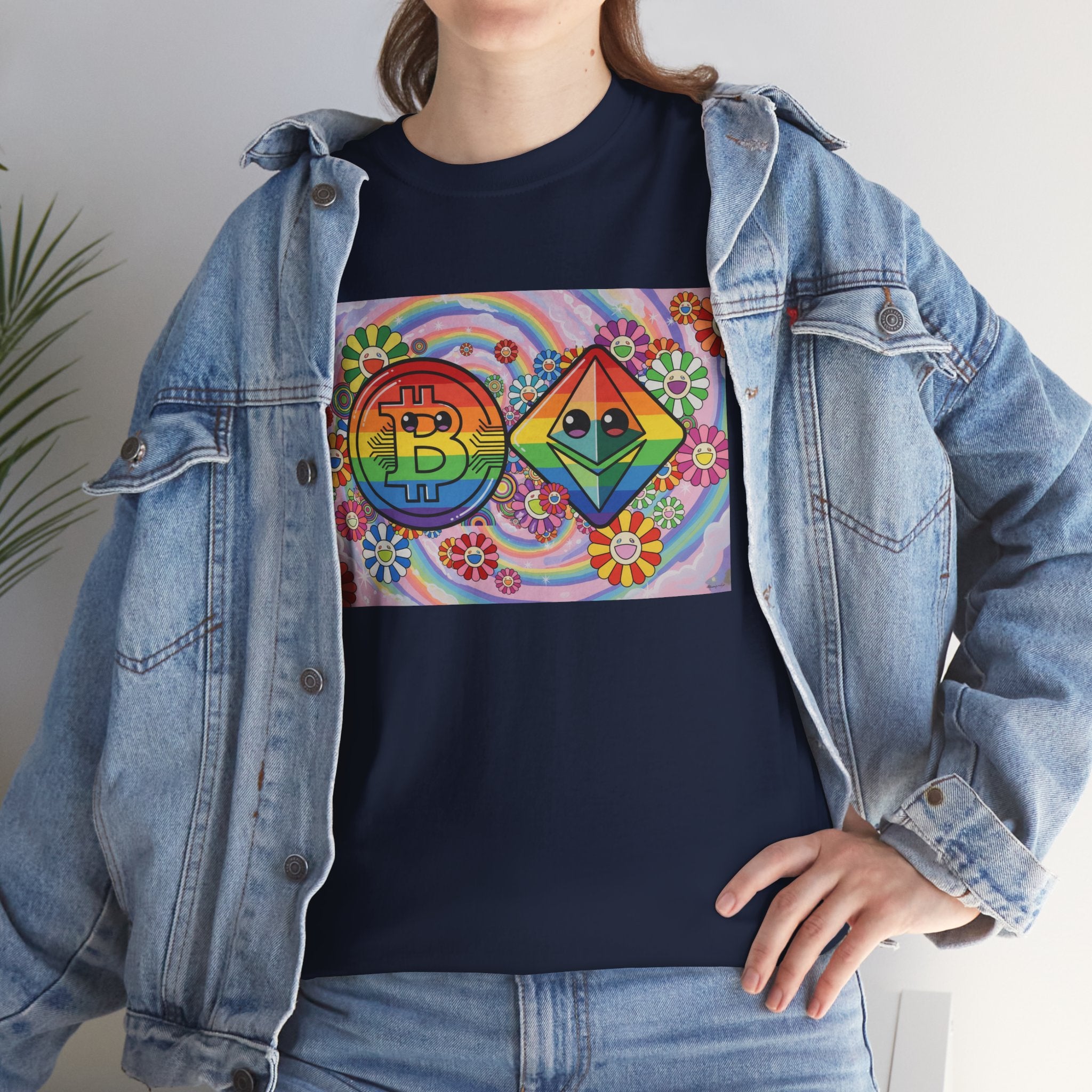 Crypto Rainbow T-Shirt — Bitcoin & Ethereum Hippie Art Tee