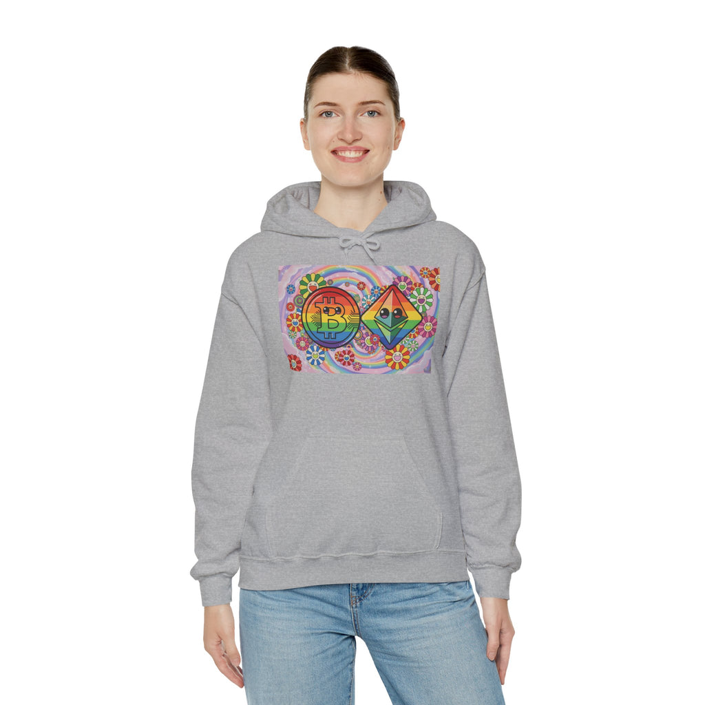 Crypto Flower Power Hoodie — Bitcoin & Ethereum Psychedelic Design