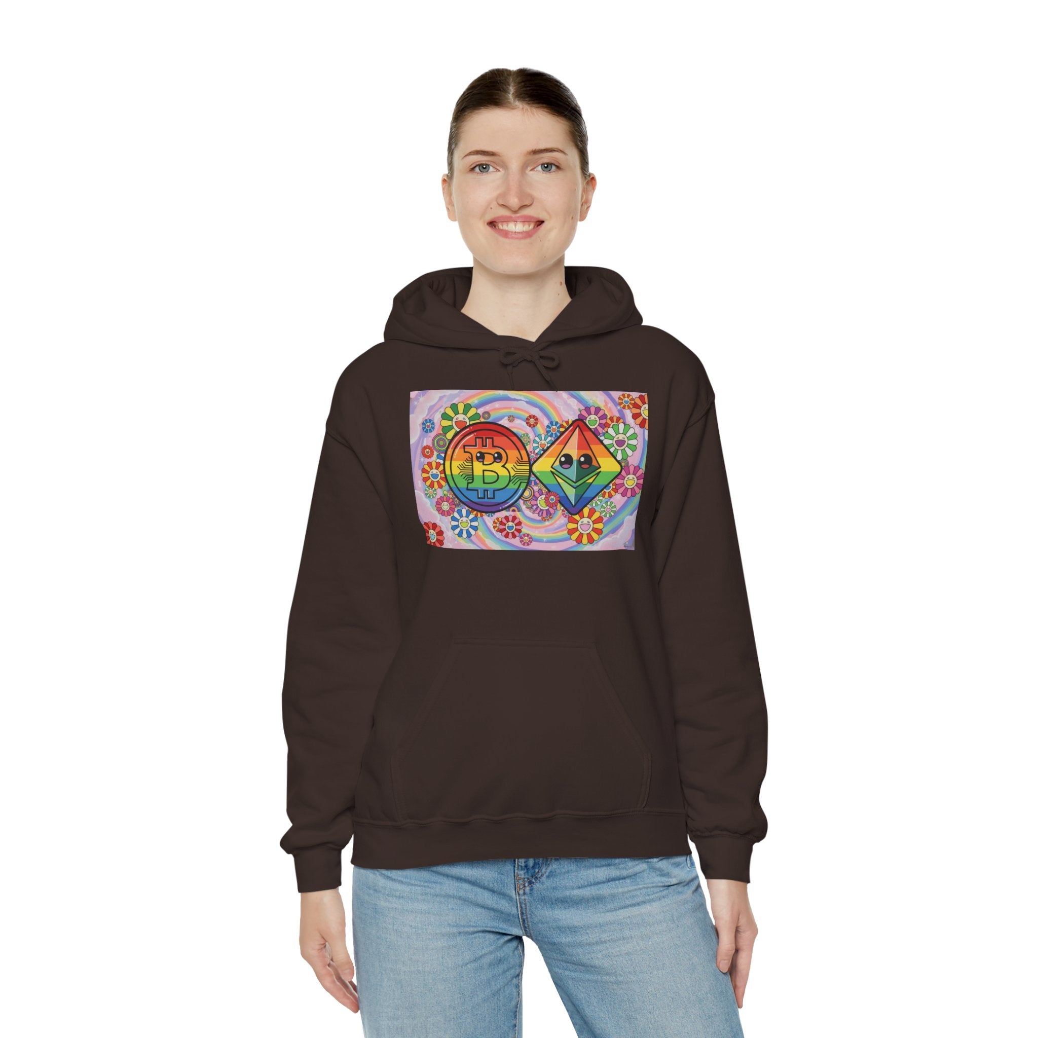 Crypto Flower Power Hoodie — Bitcoin & Ethereum Psychedelic Design