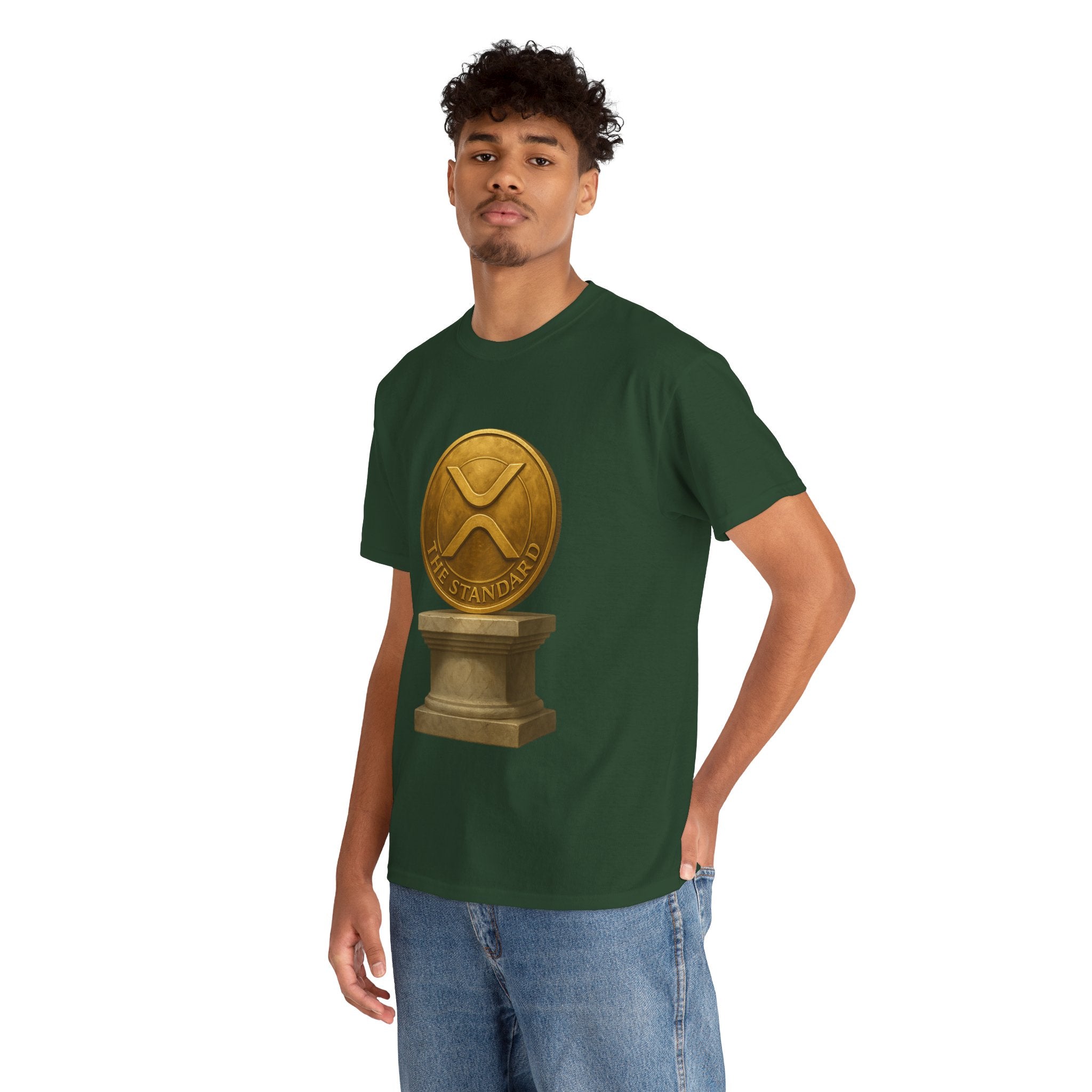 XRP Ledger Trophy T‑Shirt – Gold Ripple Coin on Pedestal Crypto Tee