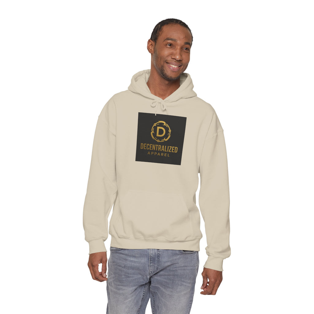 Decentralized Apparel Logo Hoodie – Gold Emblem Streetwear Sweatshirt