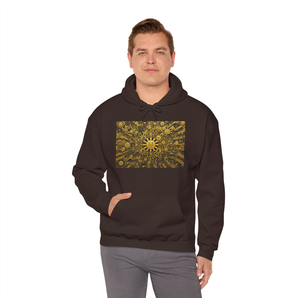 Solar Mandala Hoodie — Golden Sunburst Graphic Pullover