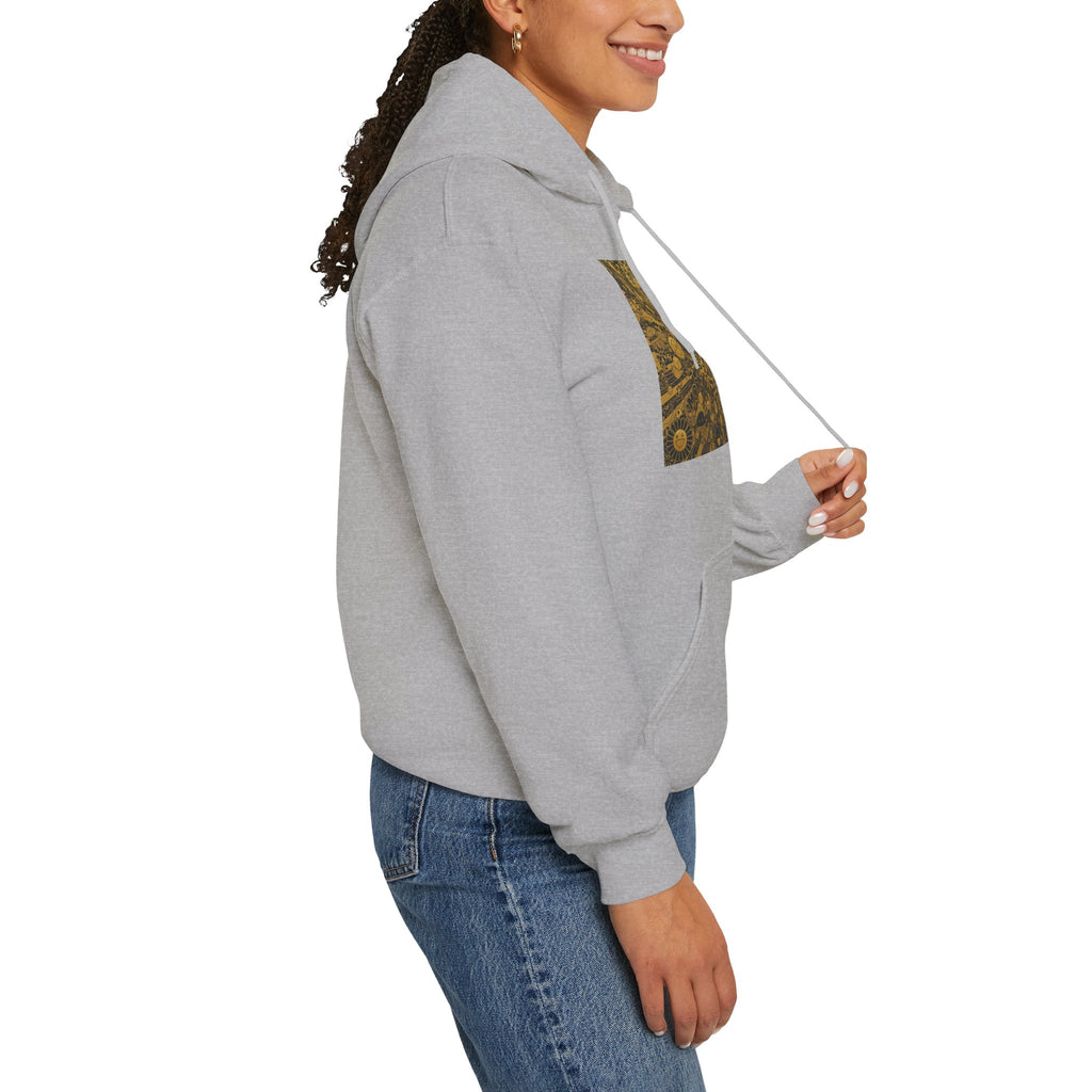 Solar Mandala Hoodie — Golden Sunburst Graphic Pullover