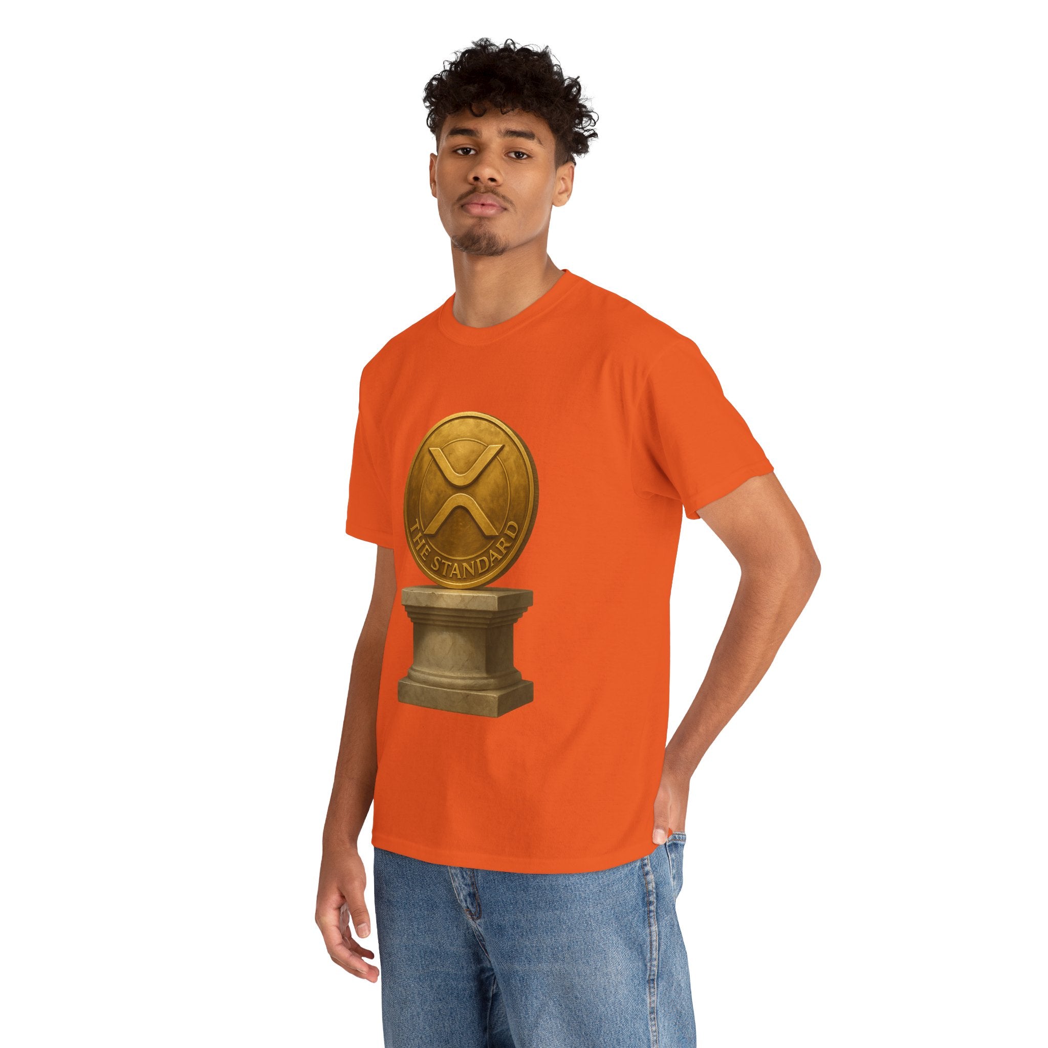 XRP Ledger Trophy T‑Shirt – Gold Ripple Coin on Pedestal Crypto Tee
