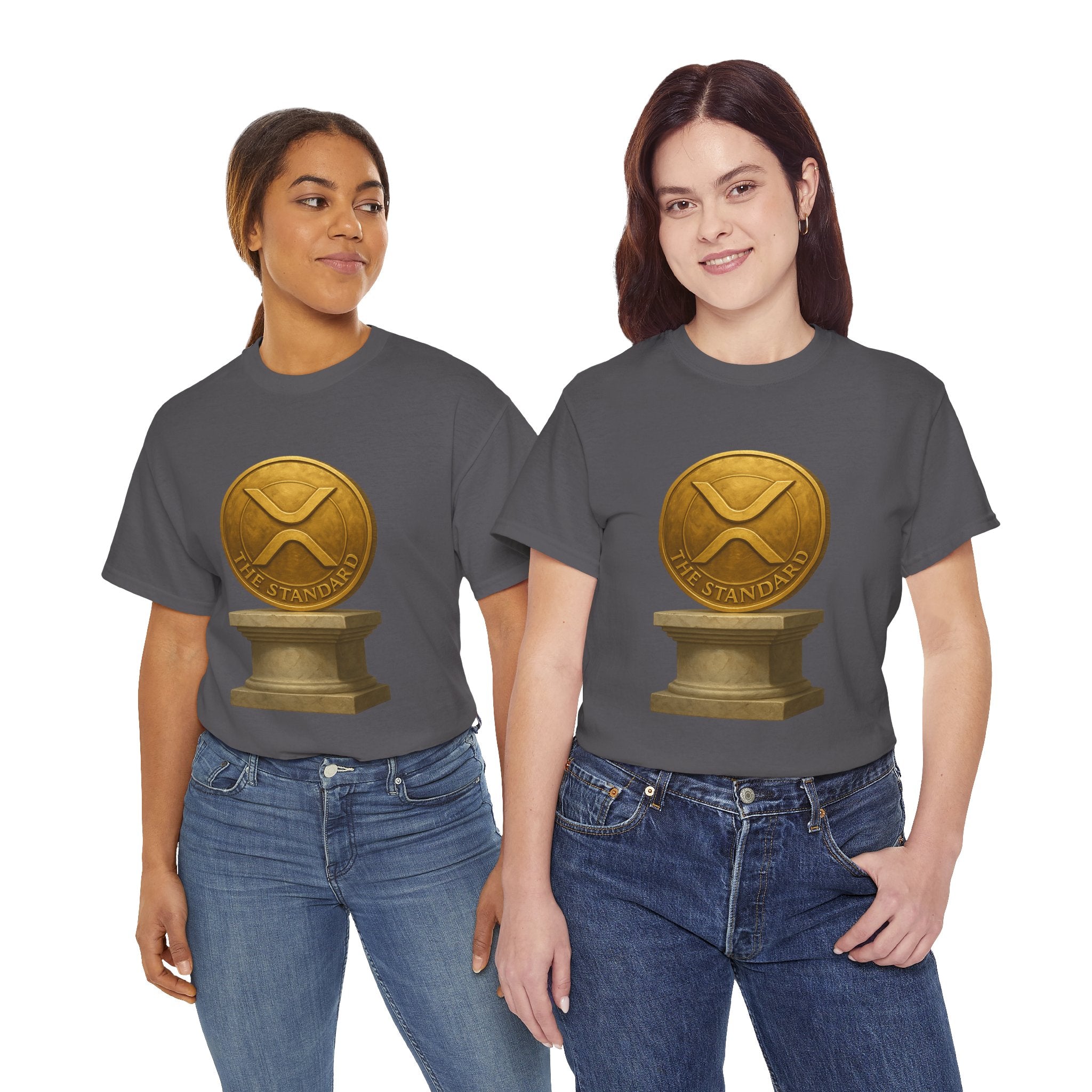 XRP Ledger Trophy T‑Shirt – Gold Ripple Coin on Pedestal Crypto Tee