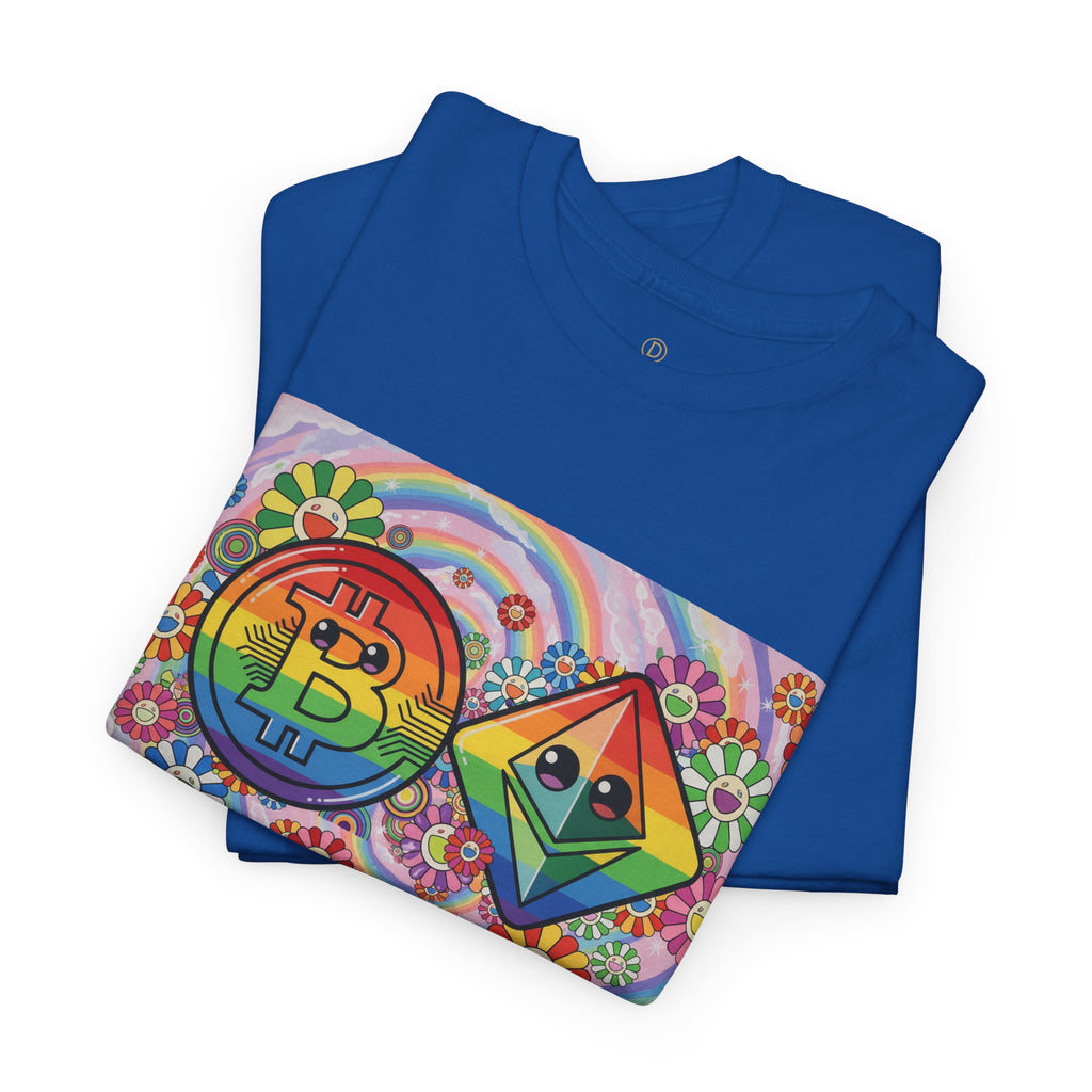 Crypto Rainbow T-Shirt — Bitcoin & Ethereum Hippie Art Tee