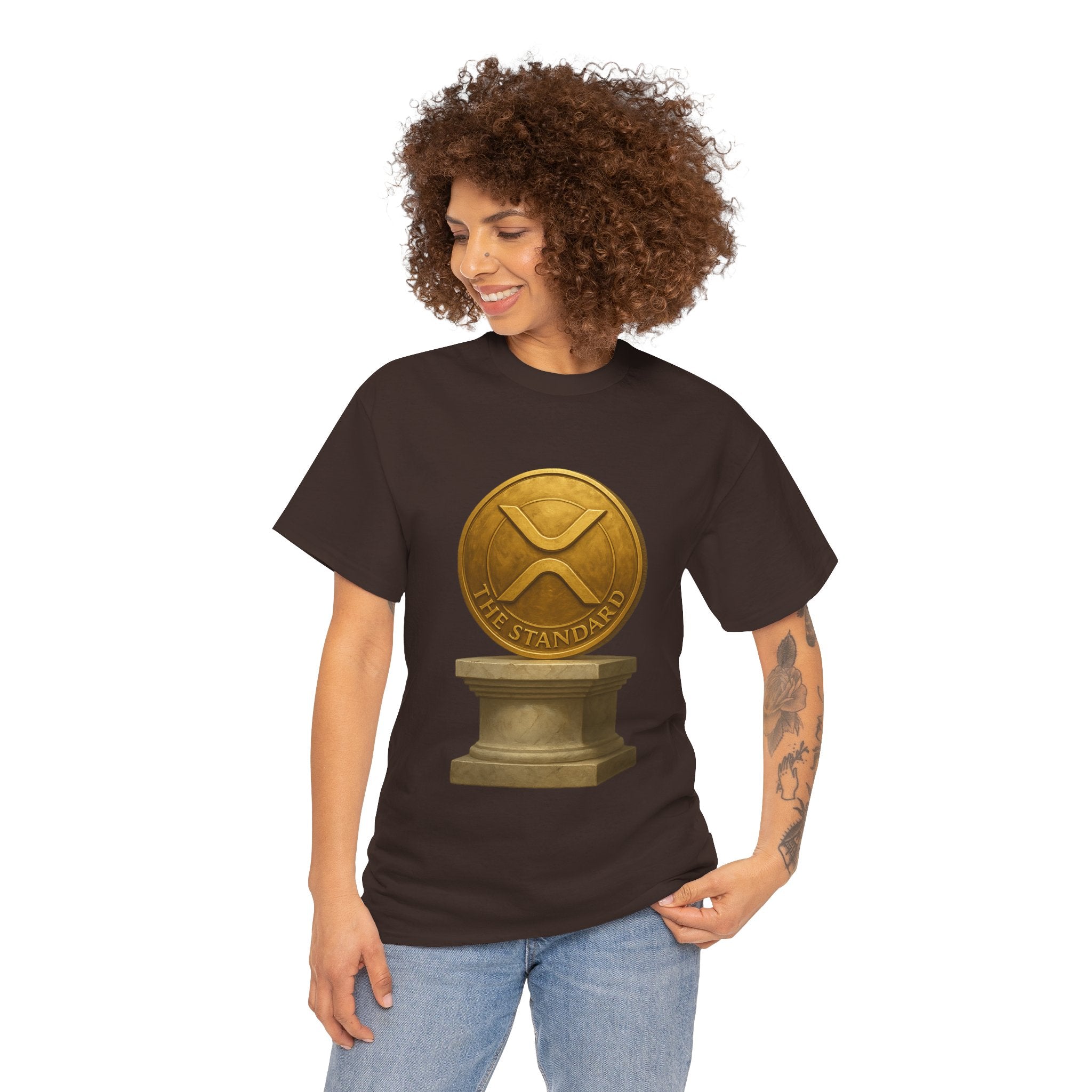 XRP Ledger Trophy T‑Shirt – Gold Ripple Coin on Pedestal Crypto Tee