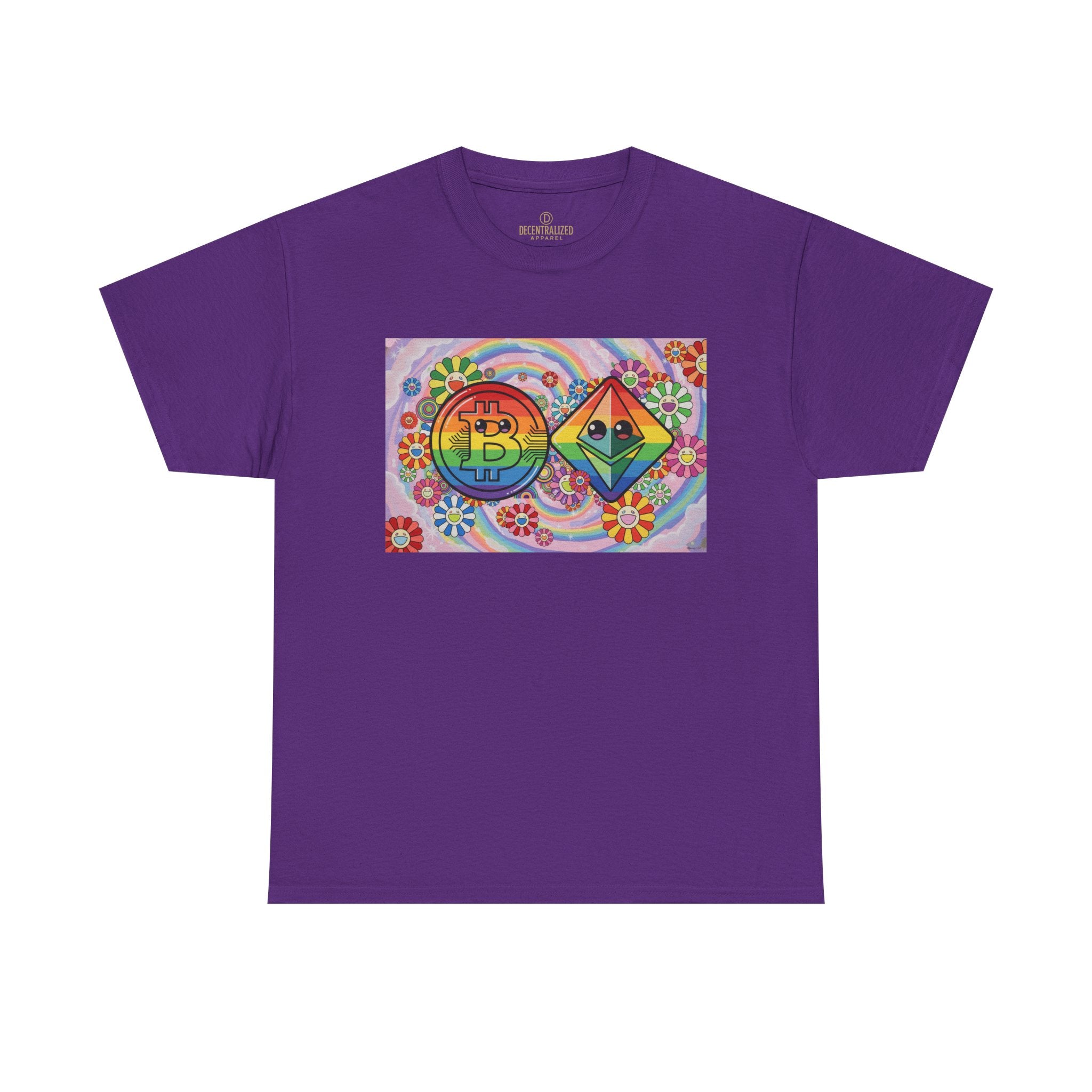 Crypto Rainbow T-Shirt — Bitcoin & Ethereum Hippie Art Tee